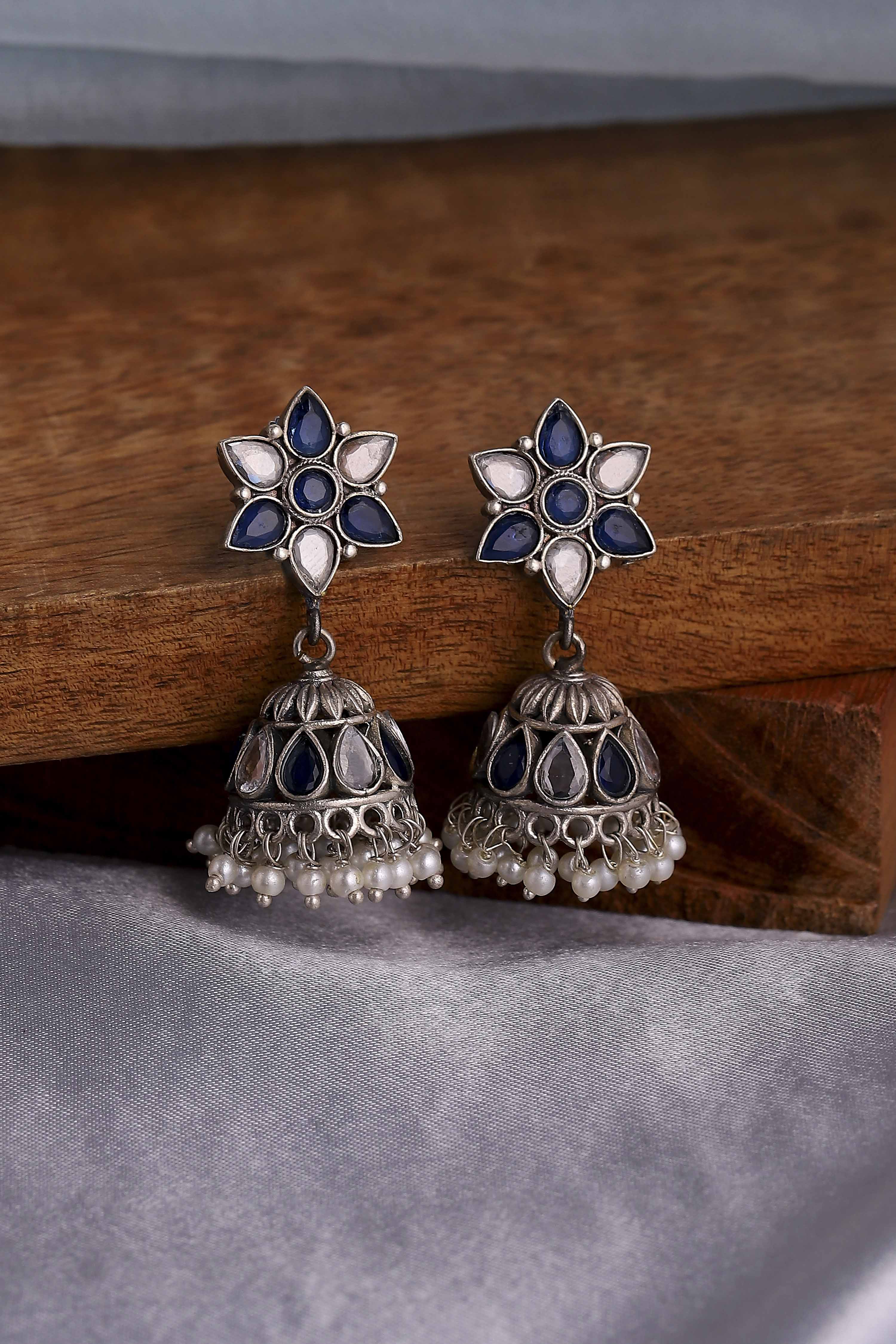 Navy White Brass Jhumkas image number 0