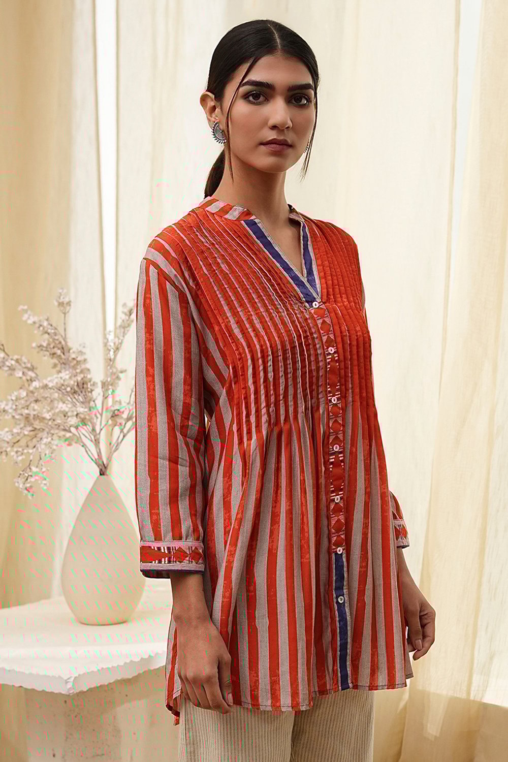 Orange Modal Printed Shirt-Style Short Kurta image number 1