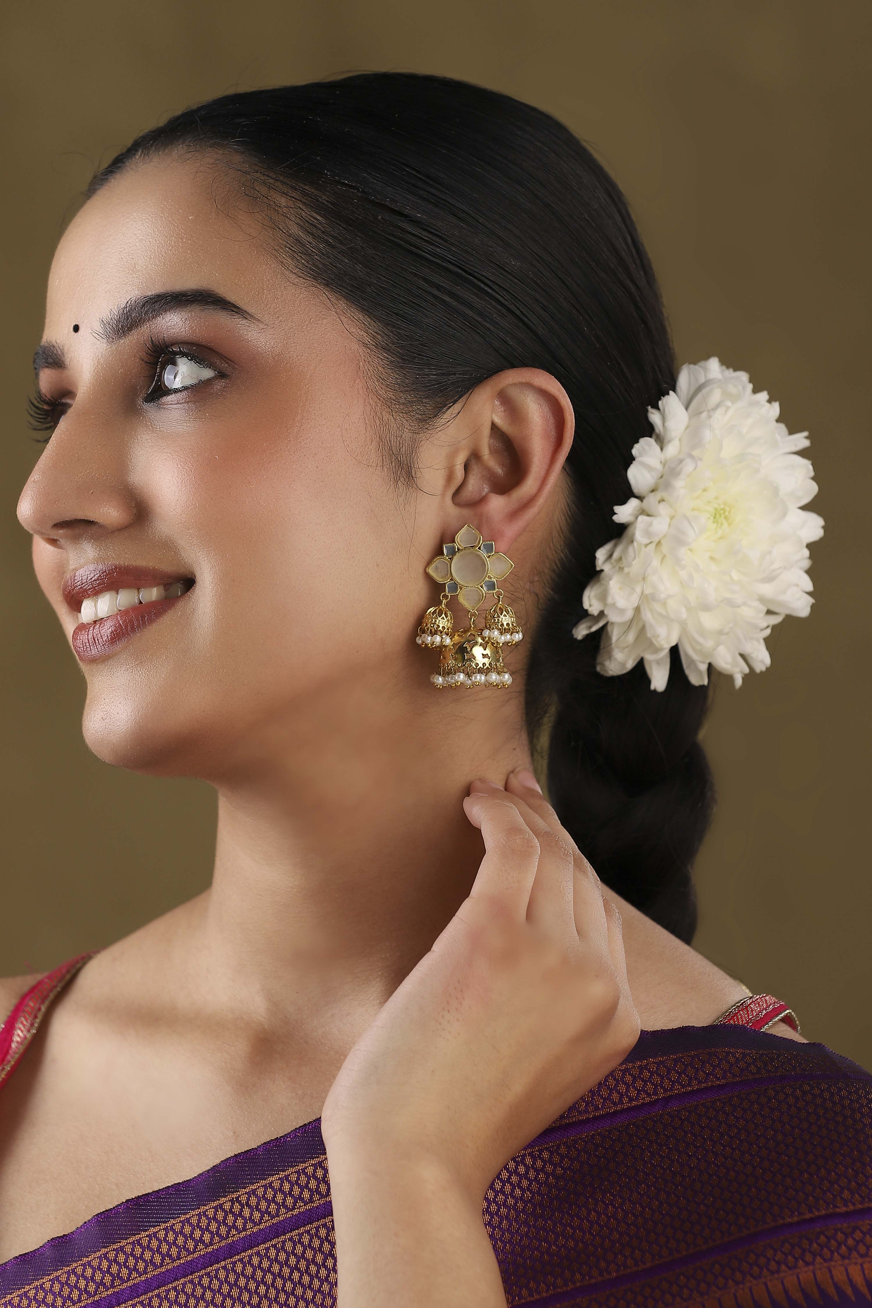 Gold Plated Brass Pearl Dangler Jhumkas image number 3