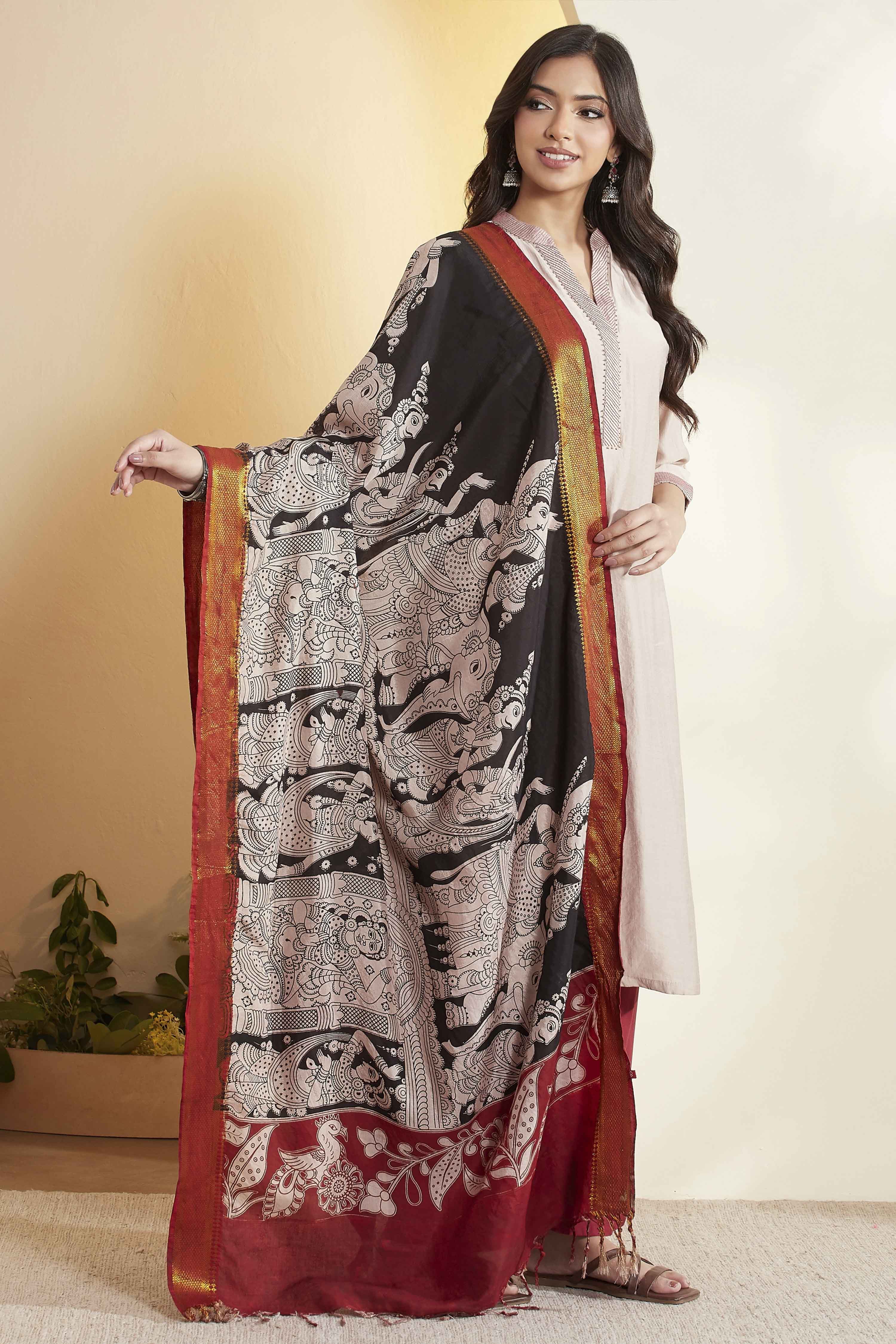Black Chennur Silk Kalamkari- Inspired Dupatta image number 4