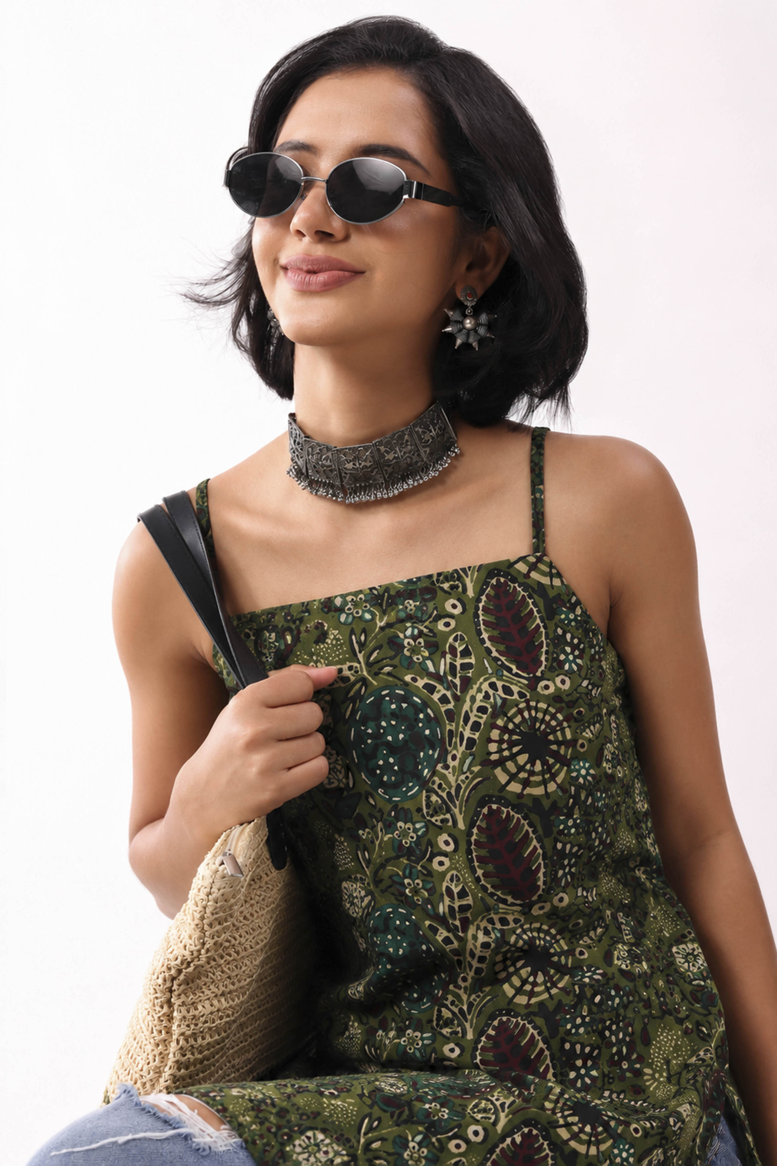 Blue Cotton Printed Short Kurti image number 1