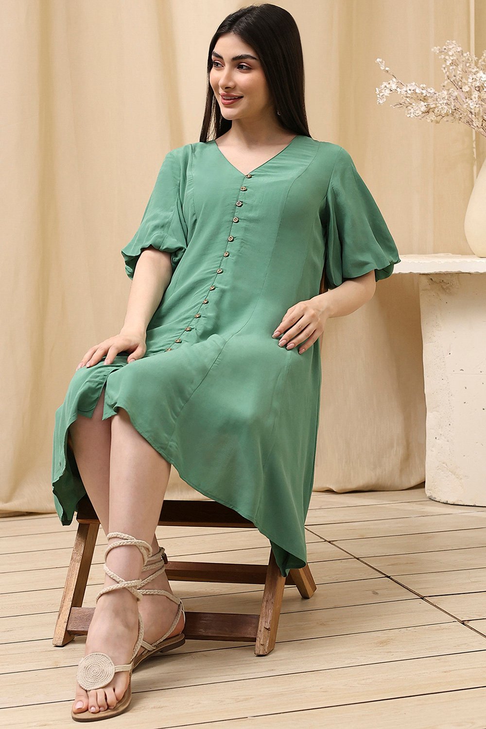 Green Solid A-Line Dress image number 0