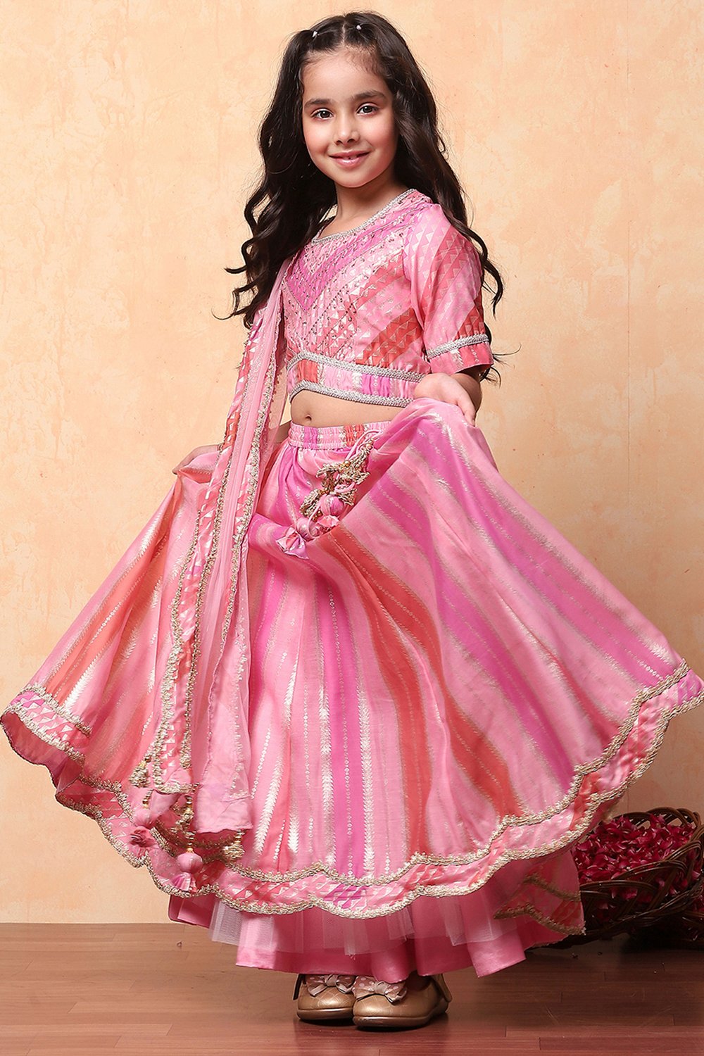Pink Poly Chanderi Printed Flared Festive Lehenga Set image number 0