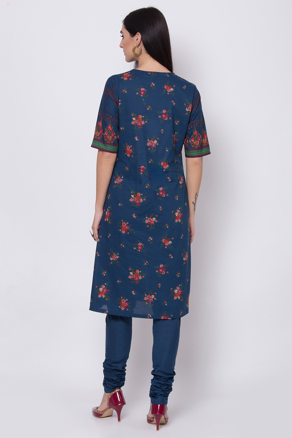 Navy Blue Cotton Straight Kurta Churidar Suit Set image number 5