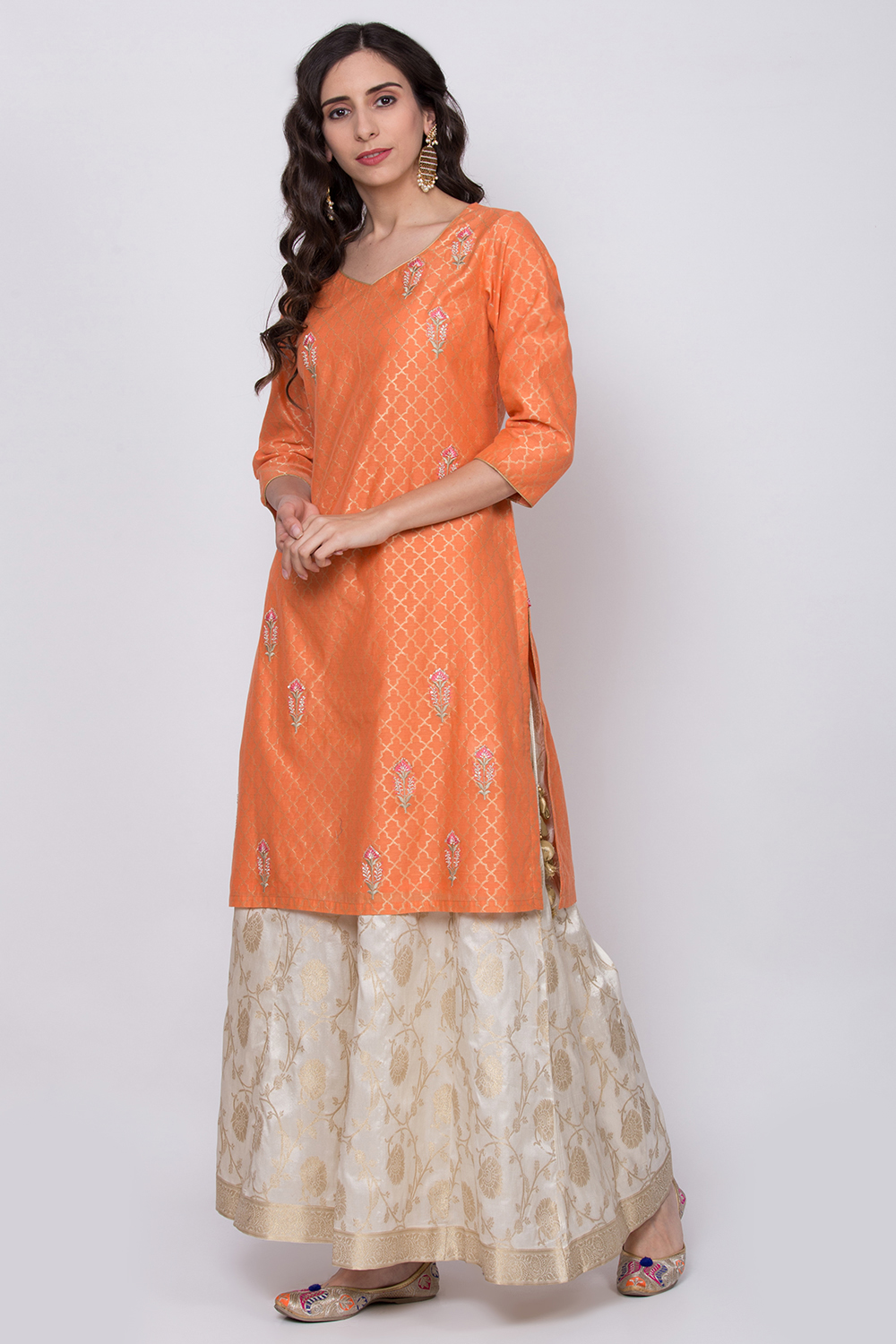 Orange Poly Cotton Kurta Sharara Suit Set image number 2