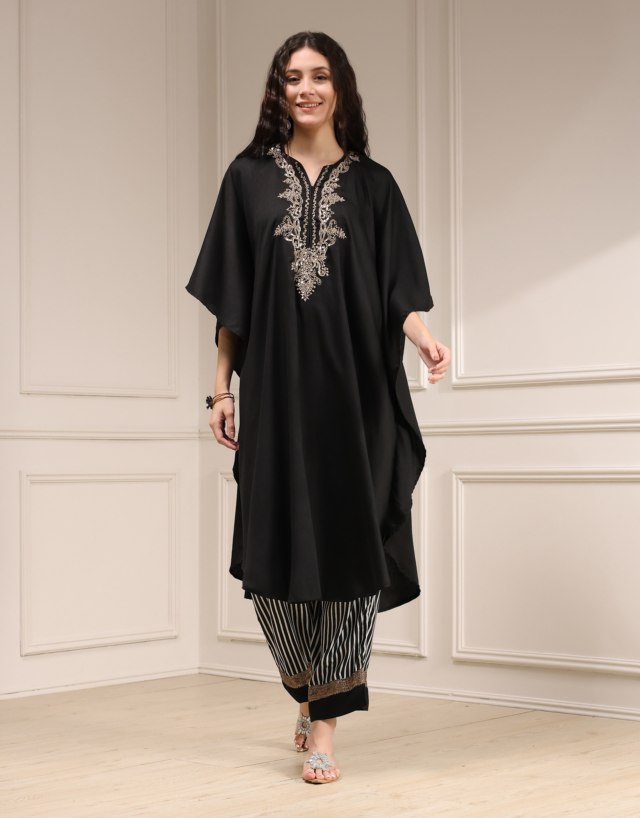 Black Modal Solid Kaftan Fusion Kurta Set image number 0