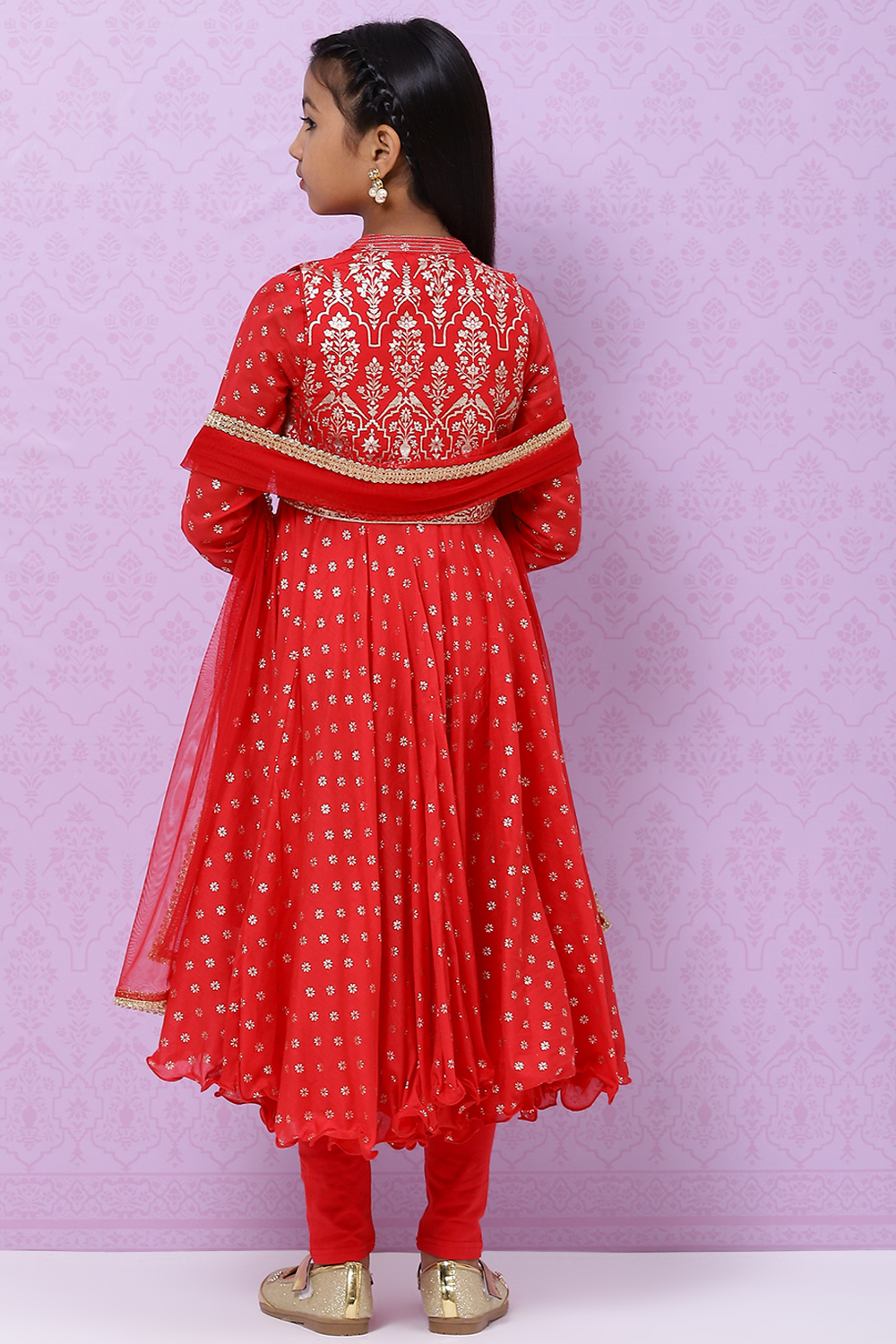 Red Cotton Girls Anarkali Kurta Churidar Suit Set image number 9
