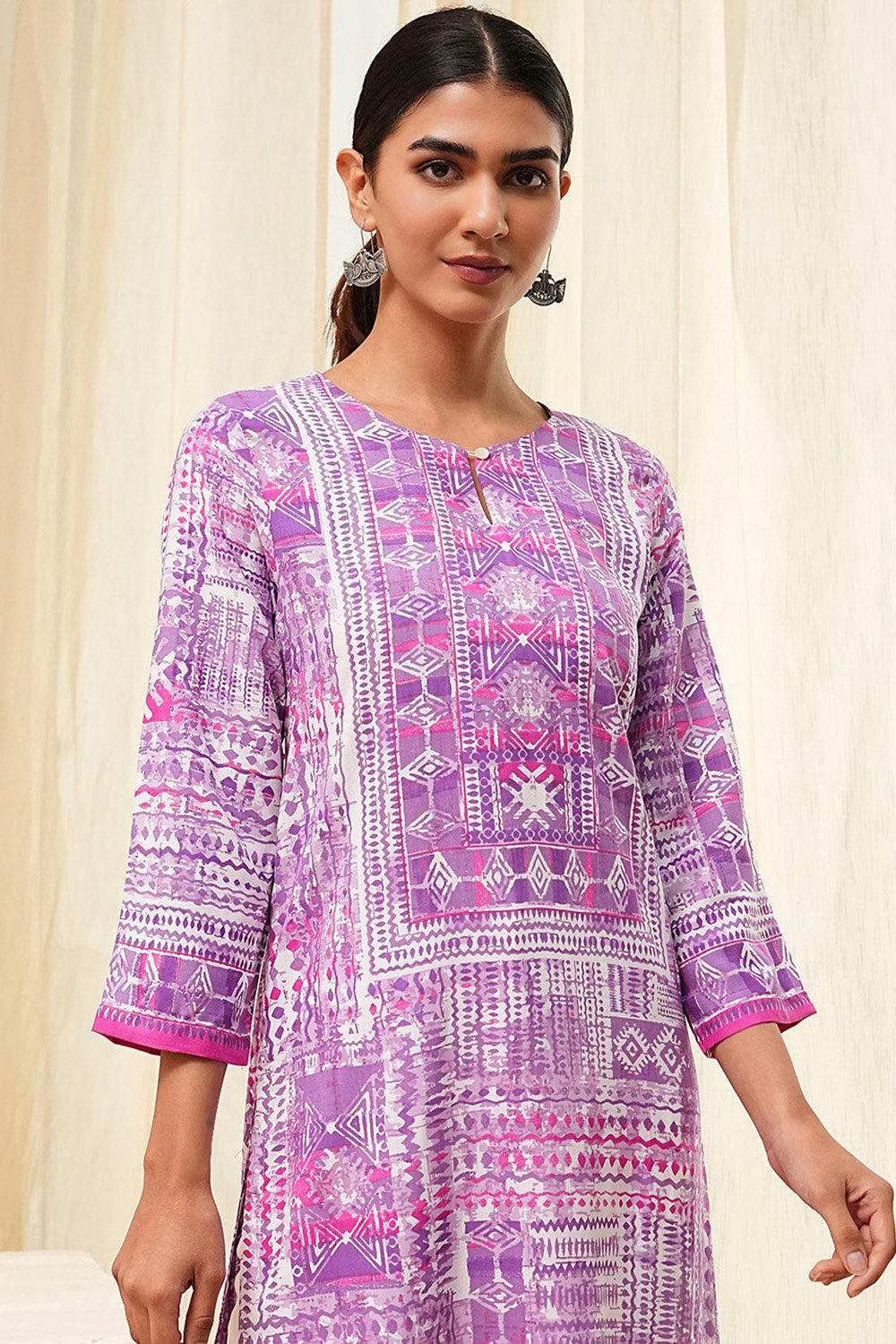 Lavender Printed Straight Kurta image number 1