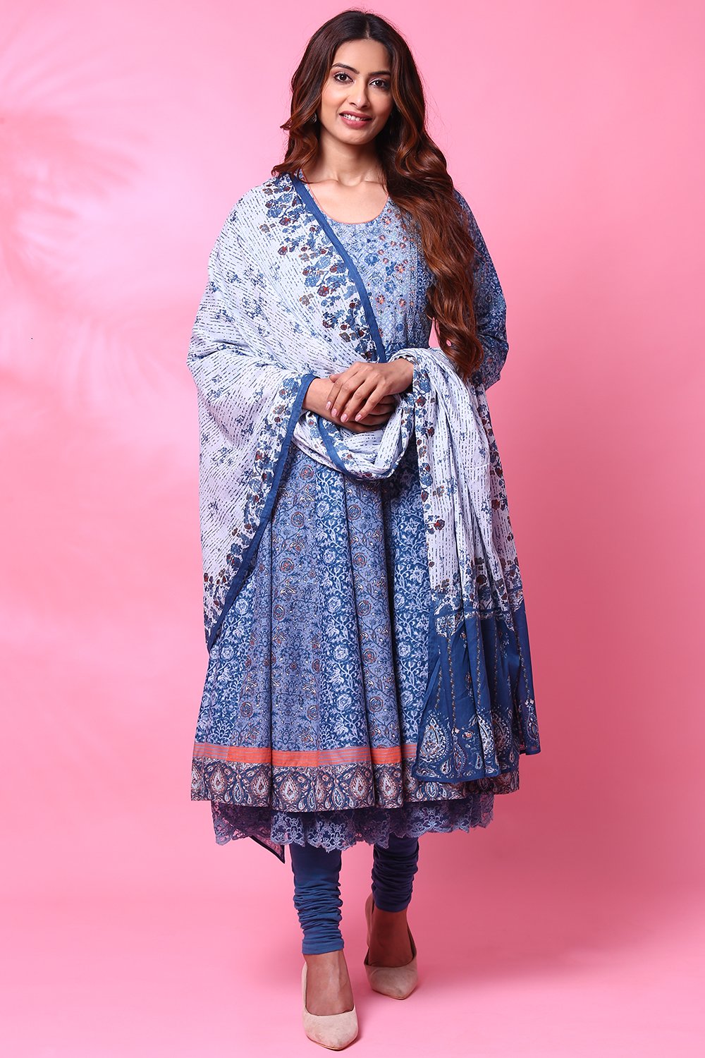 Grey Cotton Anarkali Kurta Churidar Suit Set image number 4