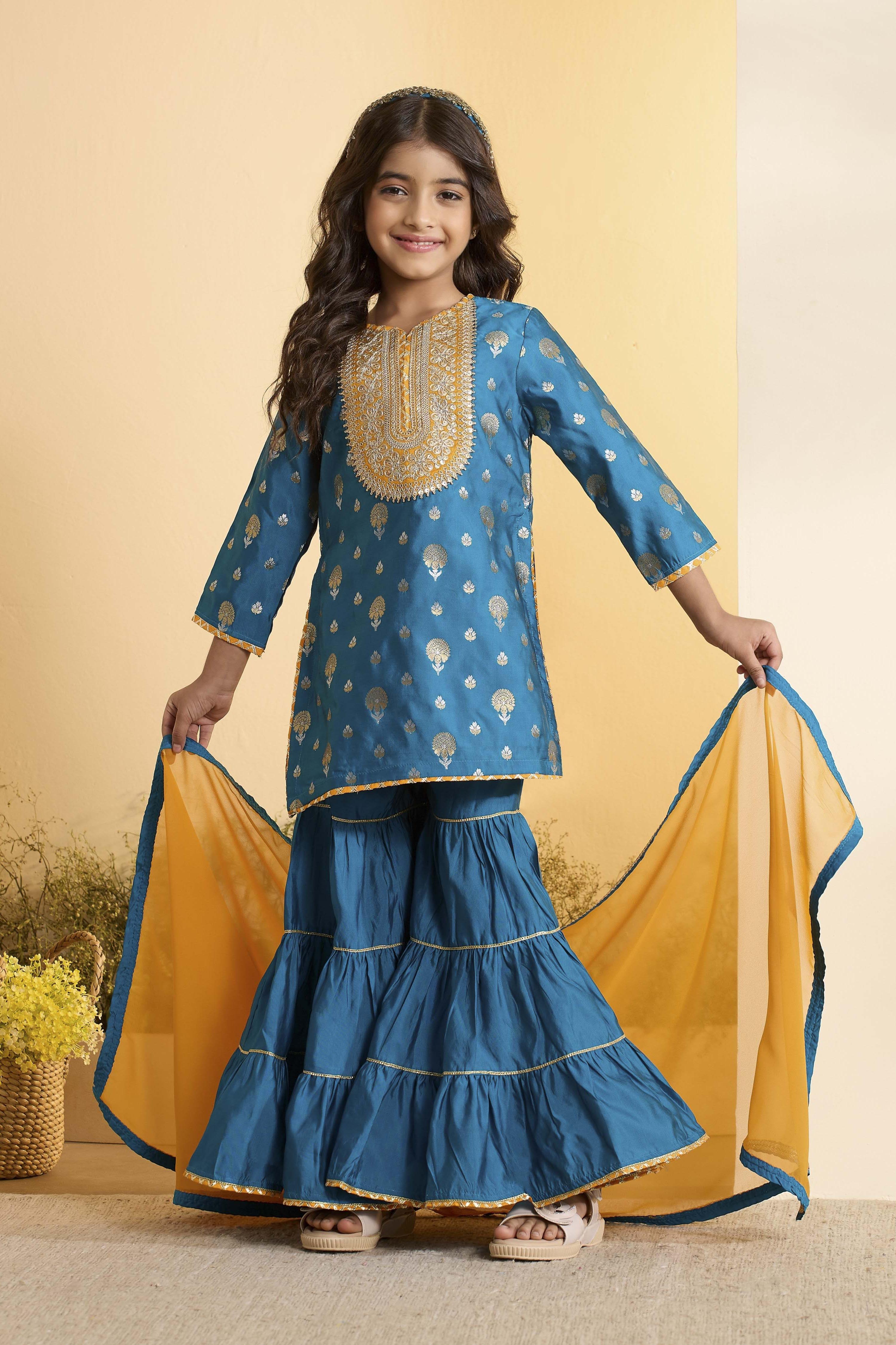 Teal Blue Brocade Yoke Design Short Kurta Set image number 0
