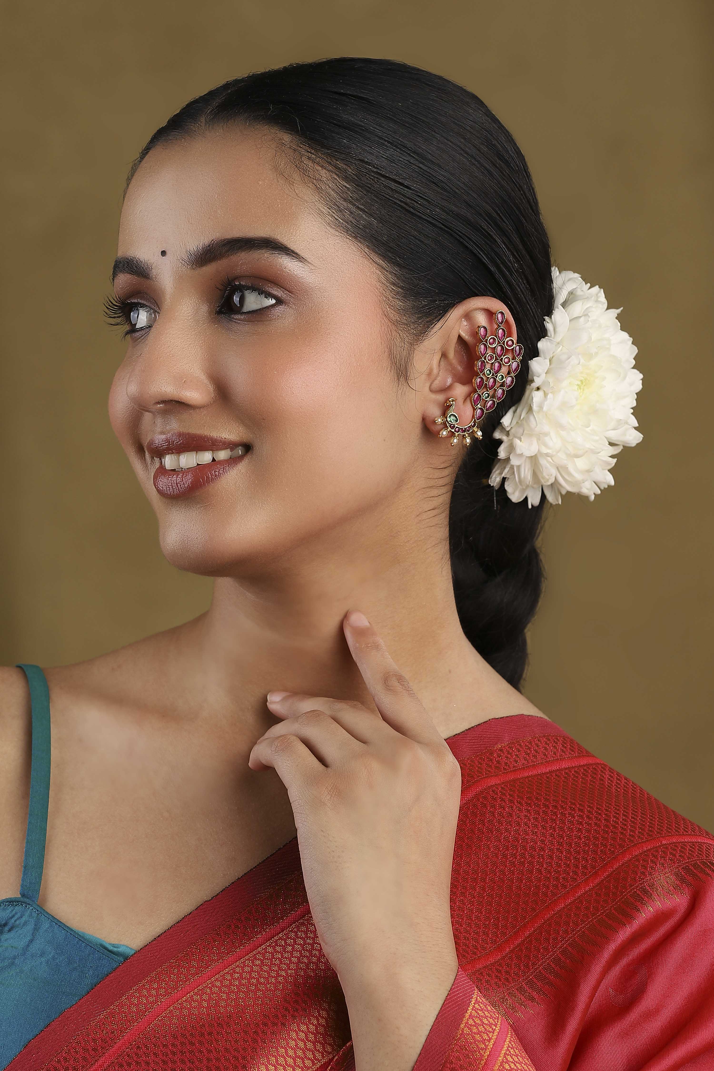 Multicolour Gold Plated Brass Peacock Motif Earcuffs image number 3