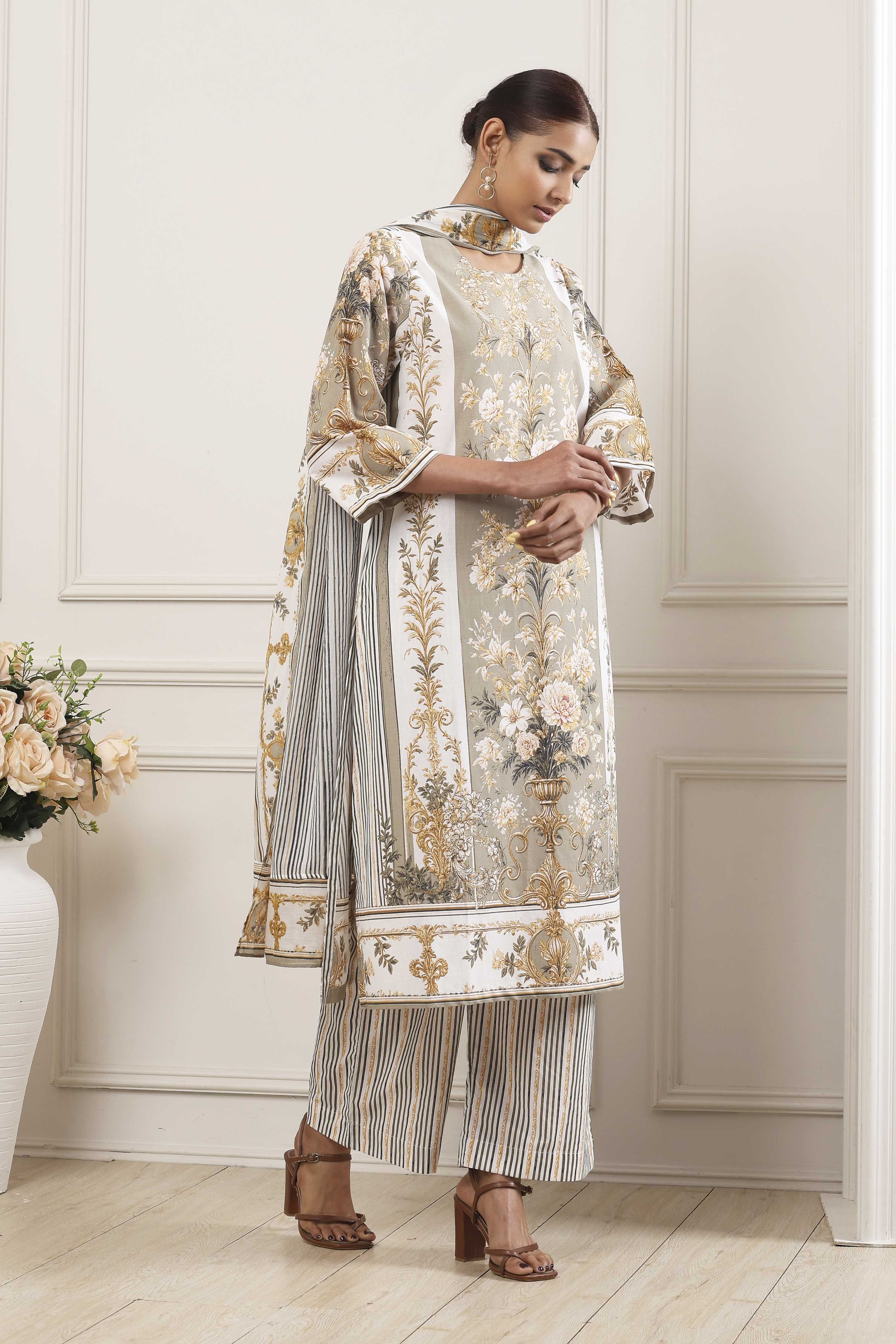 Green Cotton Straight Suit Set image number 5