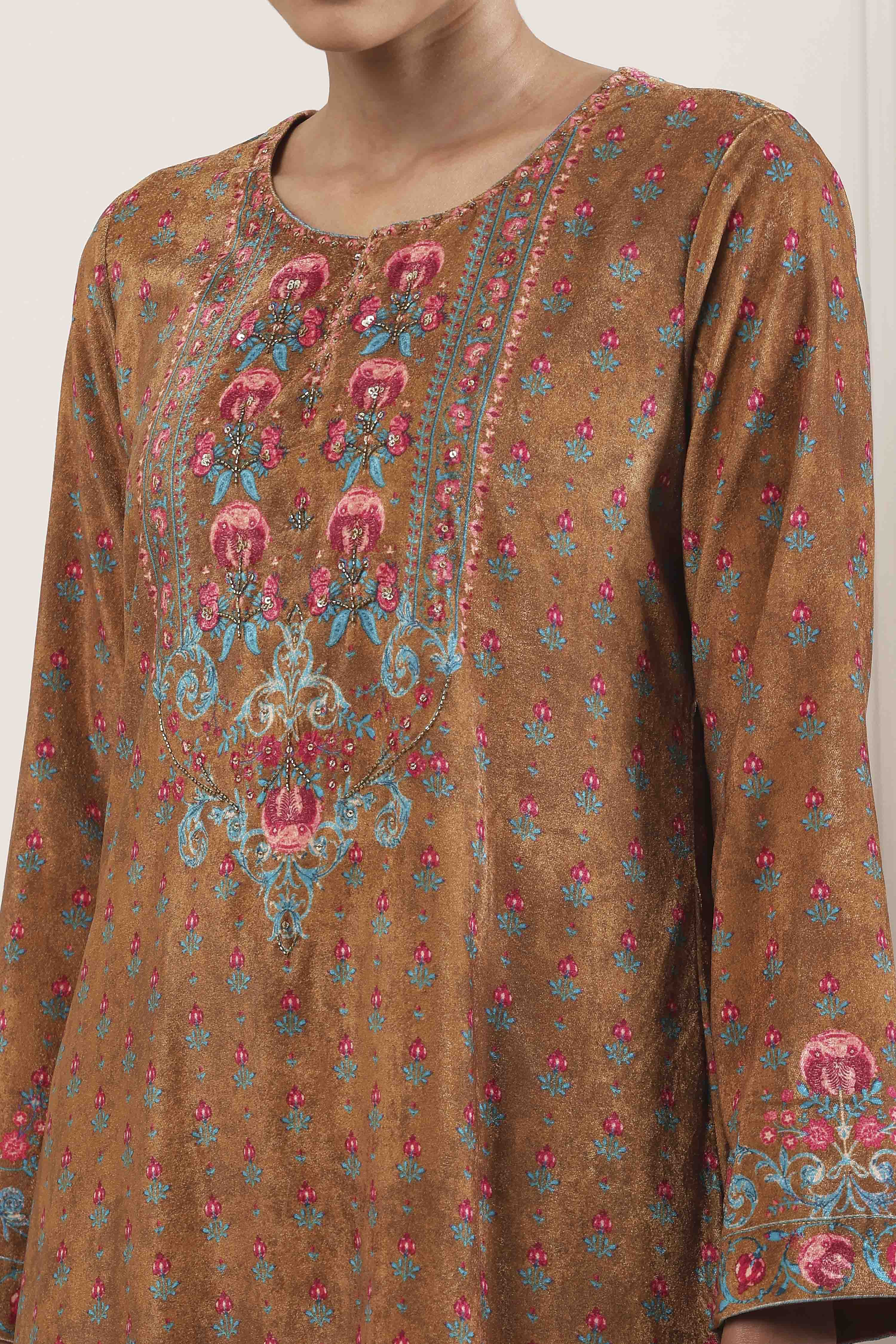 Ochre Yellow Polyester Printed Kurta Pants Set image number 1