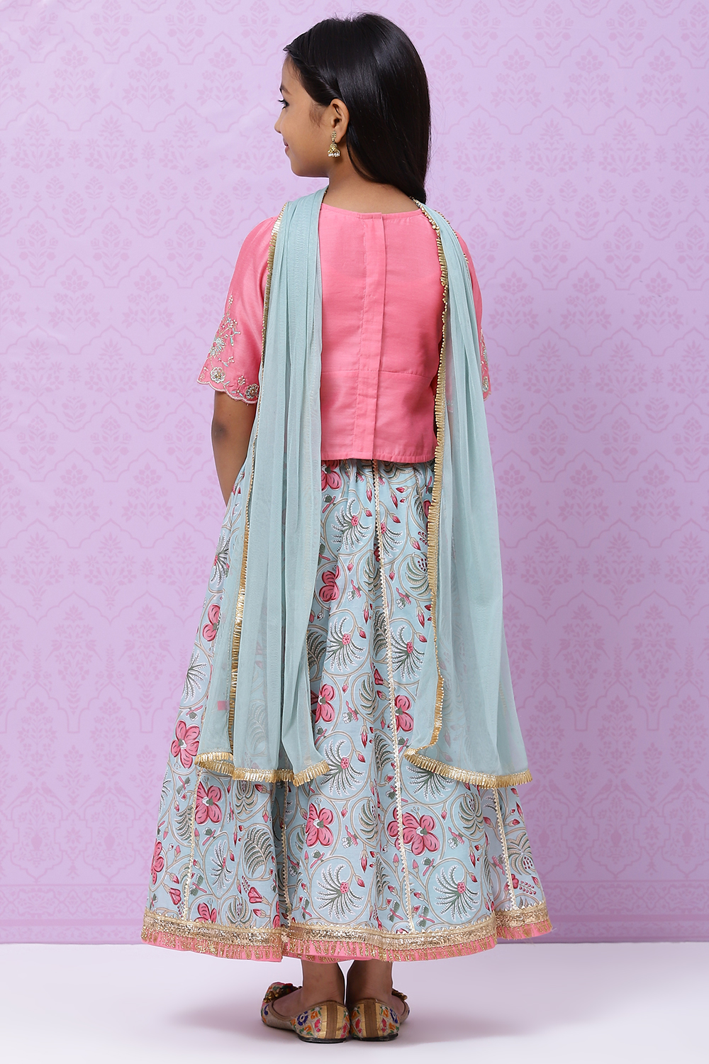 Pink And Turq Straight Poly Cotton Girls Lehenga Set image number 7