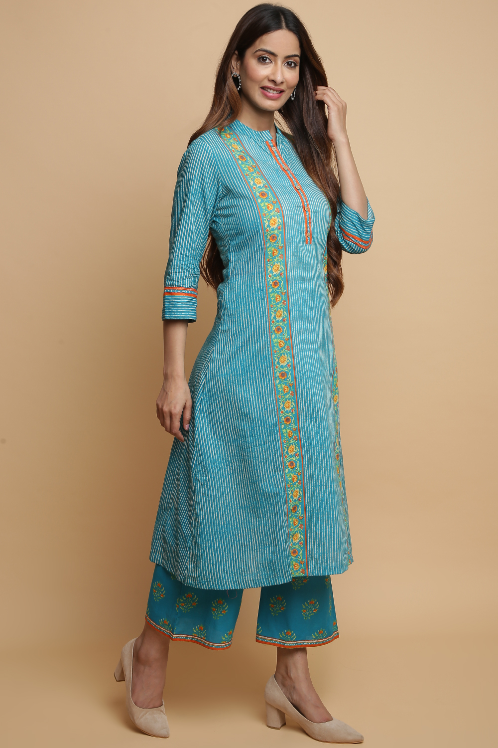 Turquoise Cotton A-Line Kurta Palazzo Suit Set image number 4