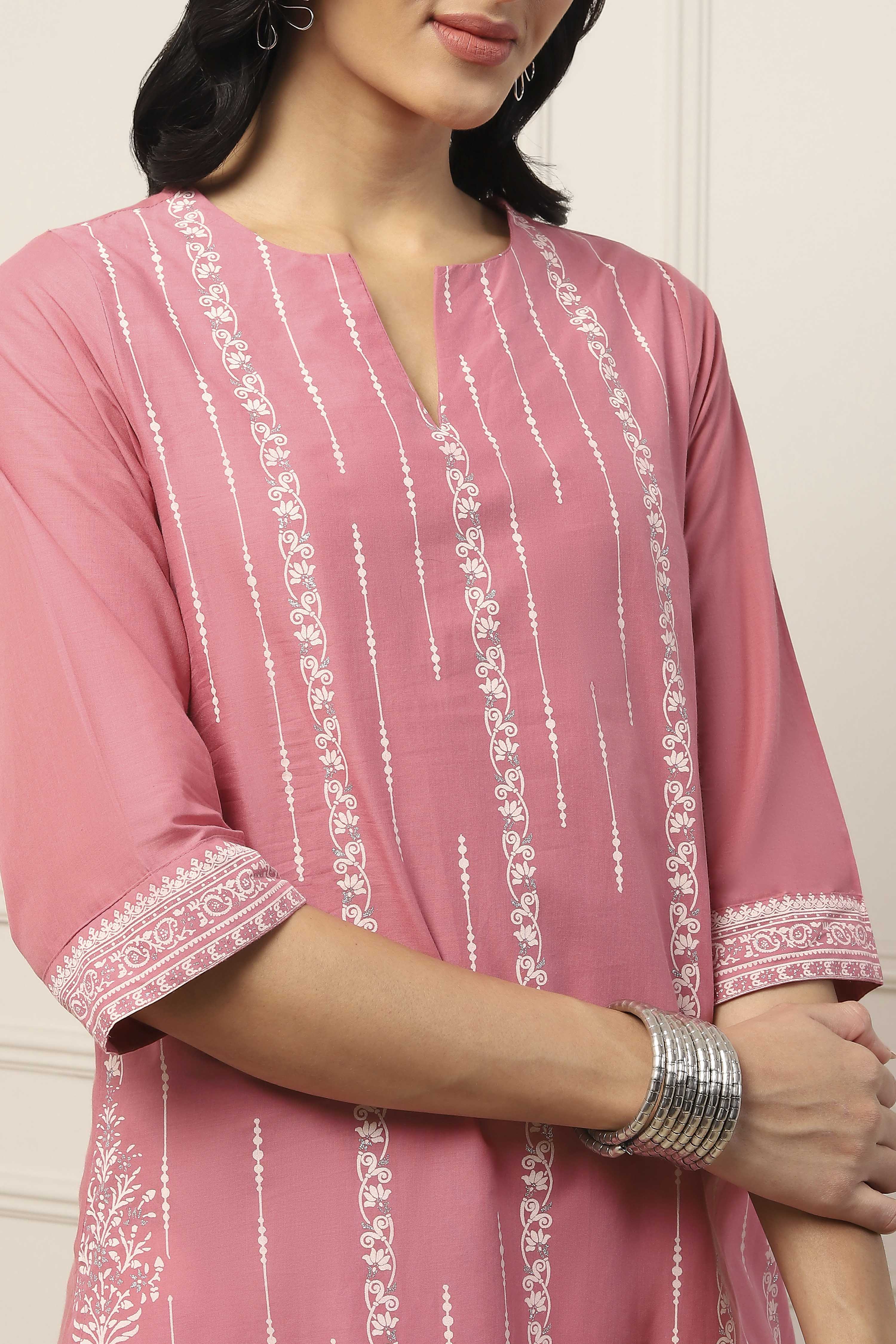 Pink Cotton Straight Kurta image number 1