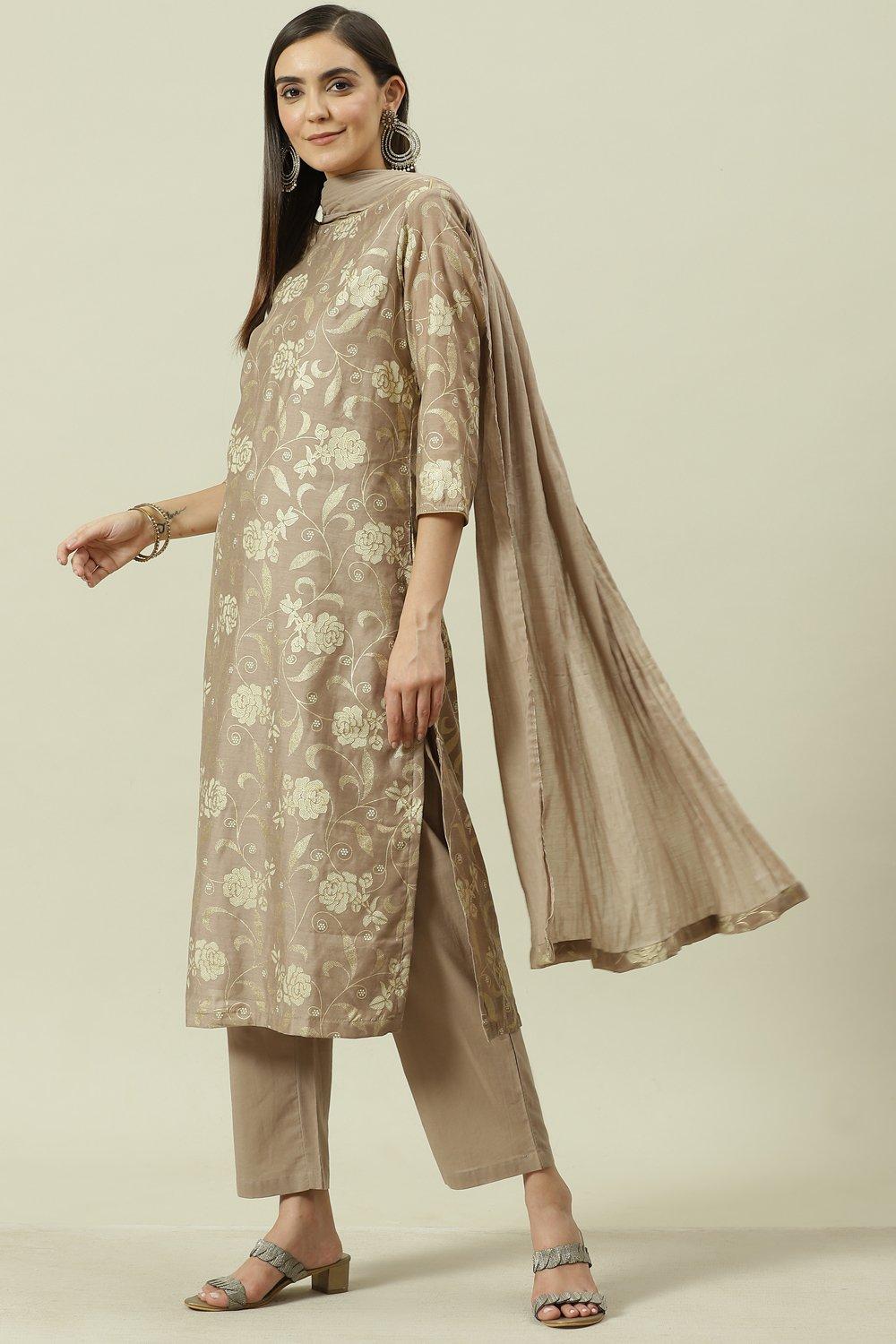 Light Brown Printed Straight Kurta Regular Pants Suit Set image number 5