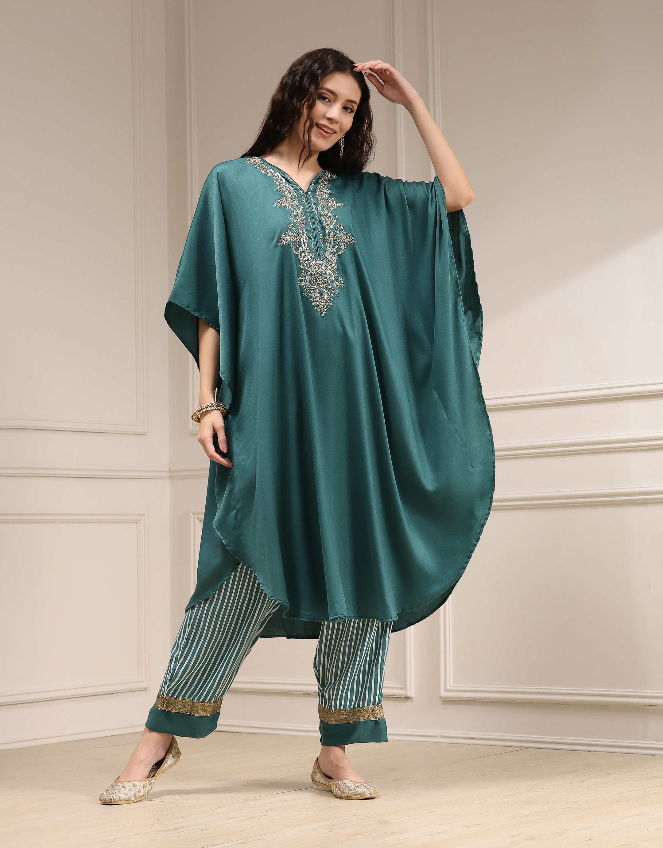 Black Modal Solid Kaftan Fusion Kurta Set image number 2