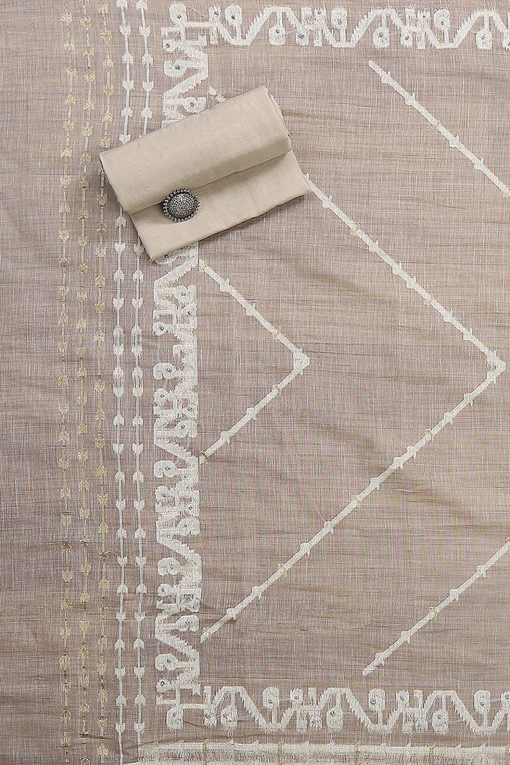 Beige Chanderi Hand Embroidered Unstitched Suit Set image number 3