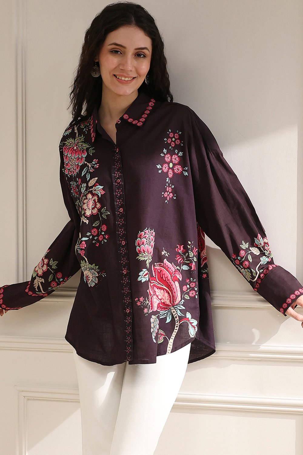 Brown Cotton Floral Printed Shirt image number 0