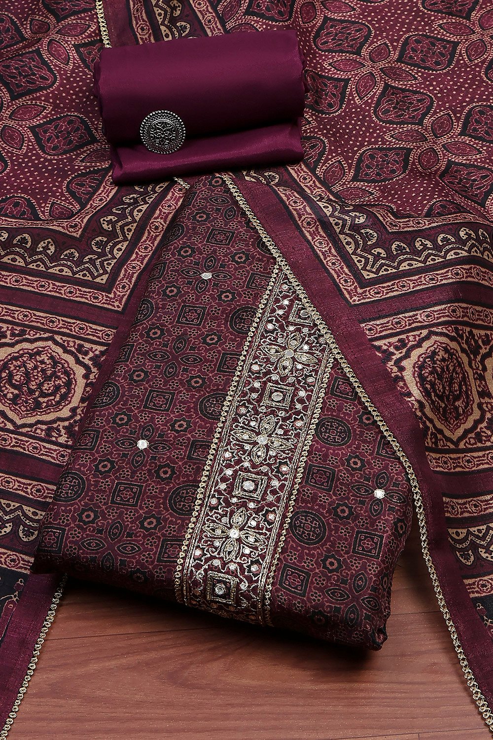 Wine Silk Blend Hand Embroidered Unstitched Suit Set image number 0