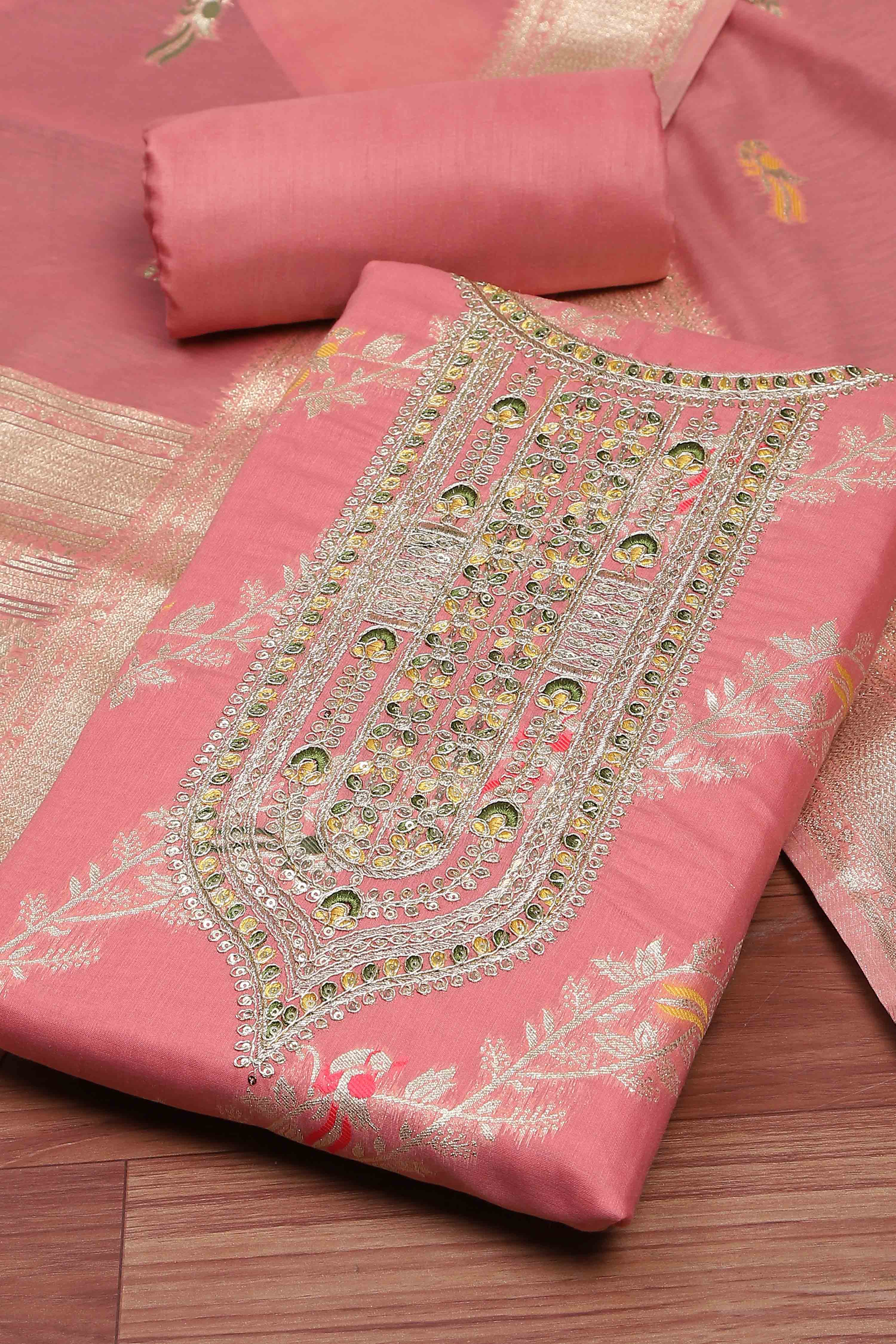 Pink Tissue Chanderi Embroidered Unstitched Suit Set image number 1