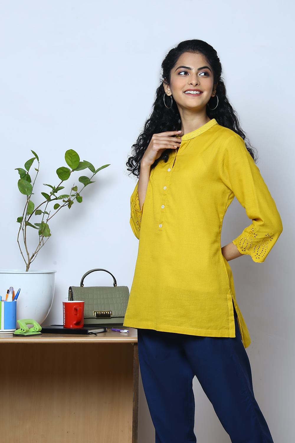 Black Cotton Flax Solid Kurti image number 0