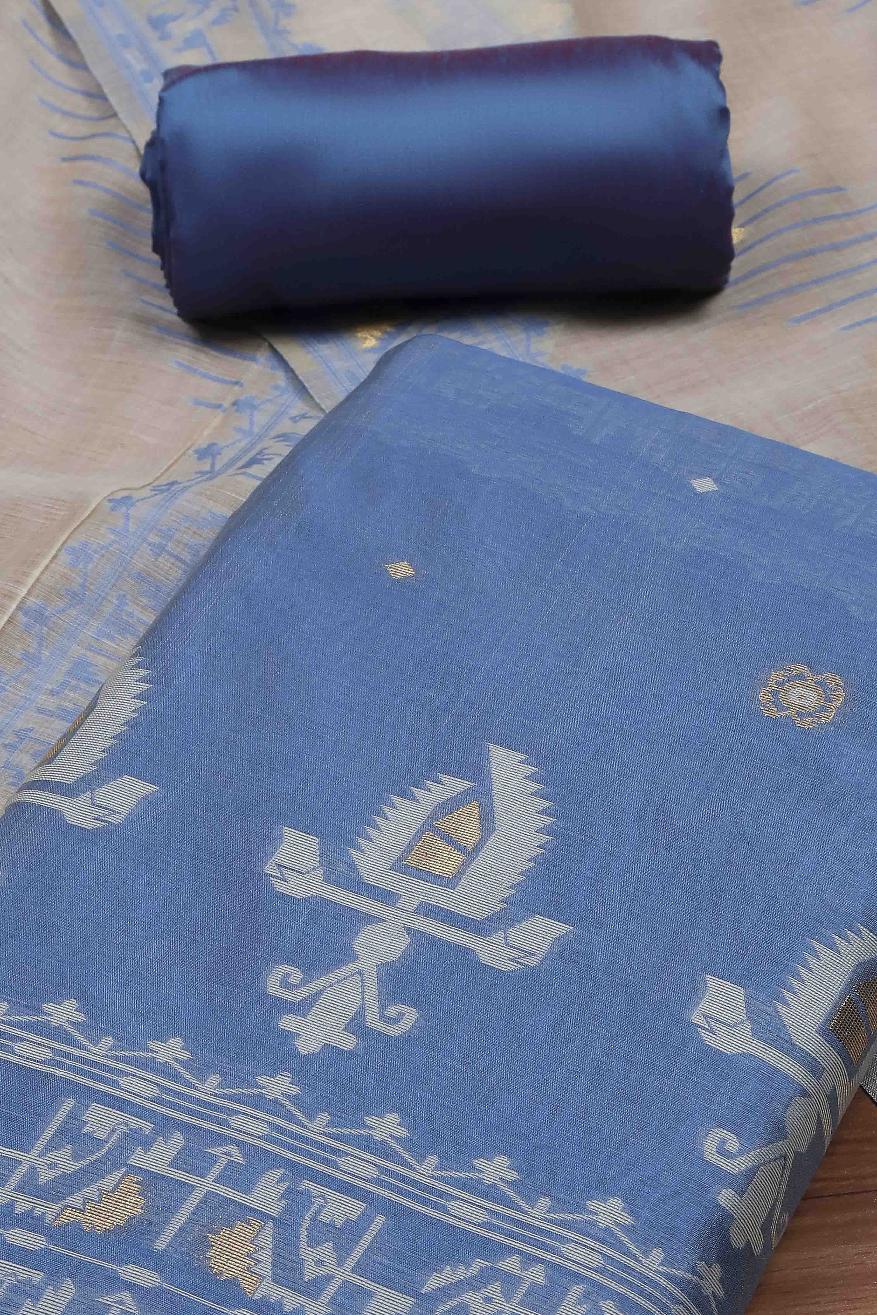 Blue Cotton Jamdani Unstitched Suit Set image number 1