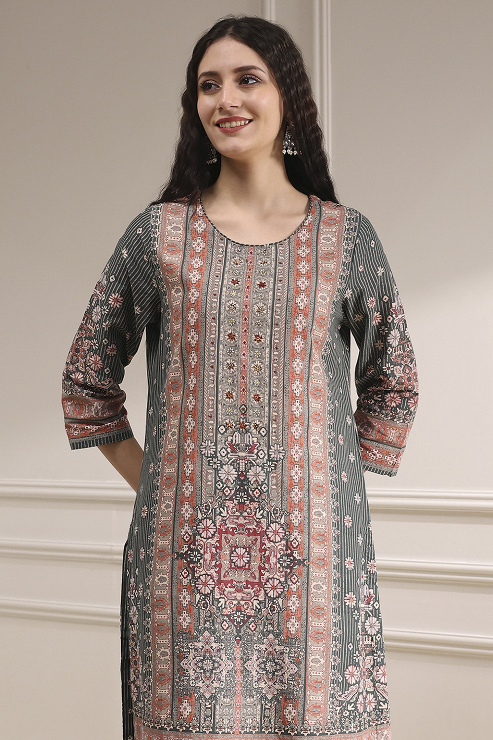 Grey Cotton Printed Straight Suit Set image number 1
