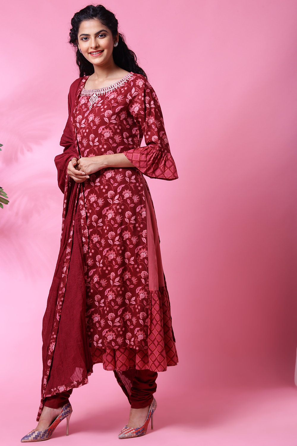 Maroon Cotton Double Layered Kurta Churidar Suit Set image number 5