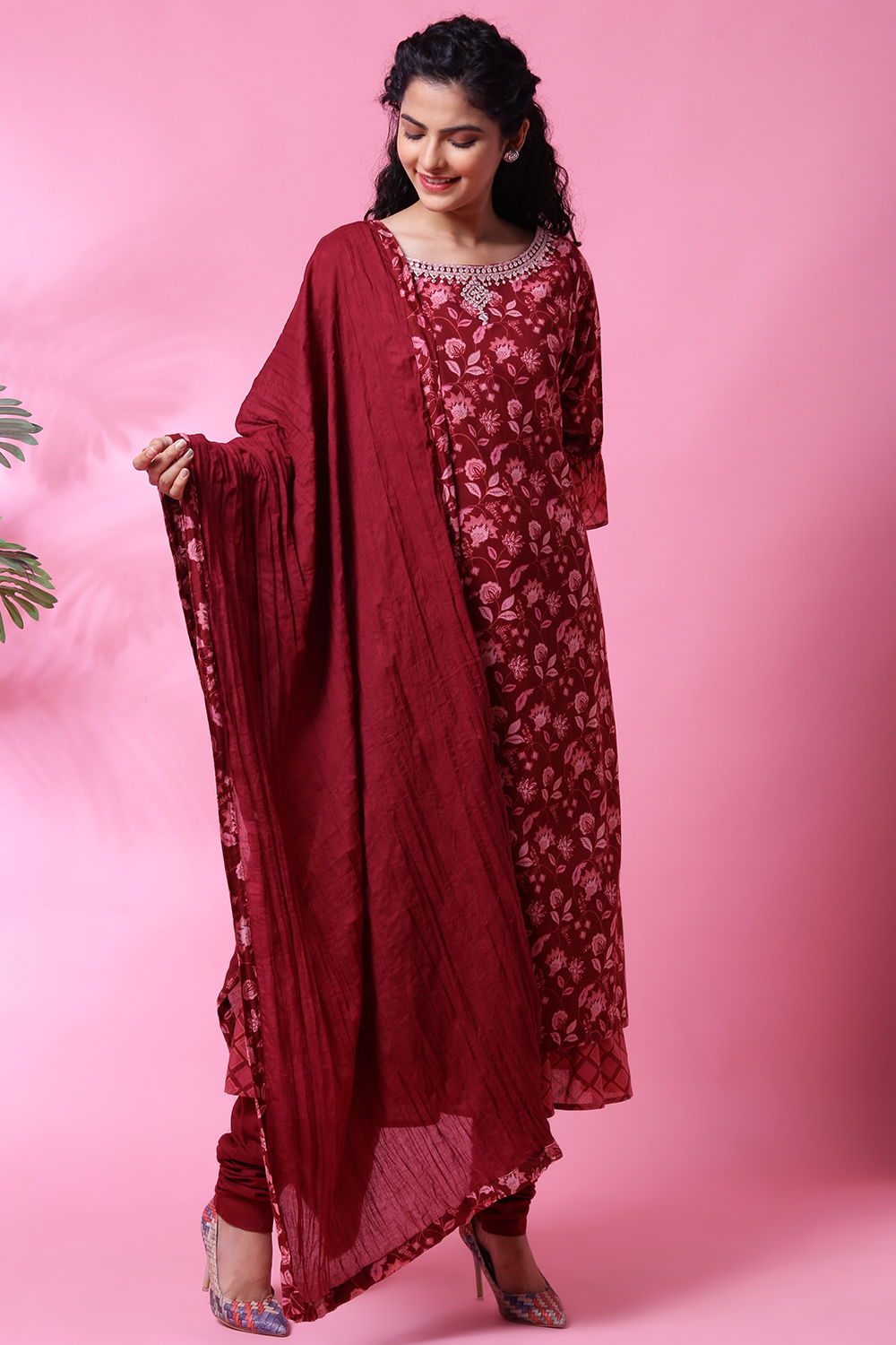Maroon Cotton Double Layered Kurta Churidar Suit Set image number 8