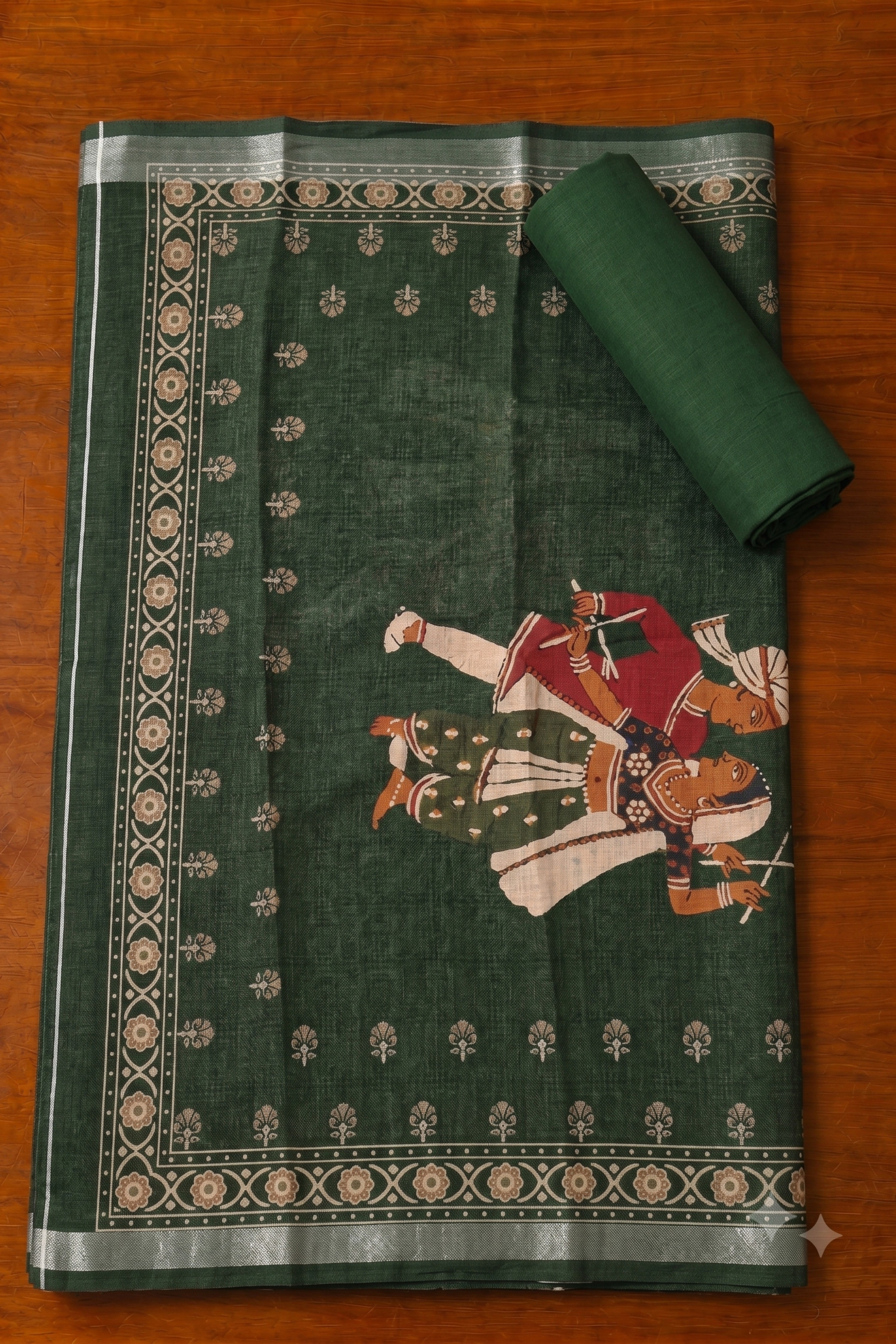 Brown Linen Hand Work With Rajasthani Print Unstitched Suit Set image number 4