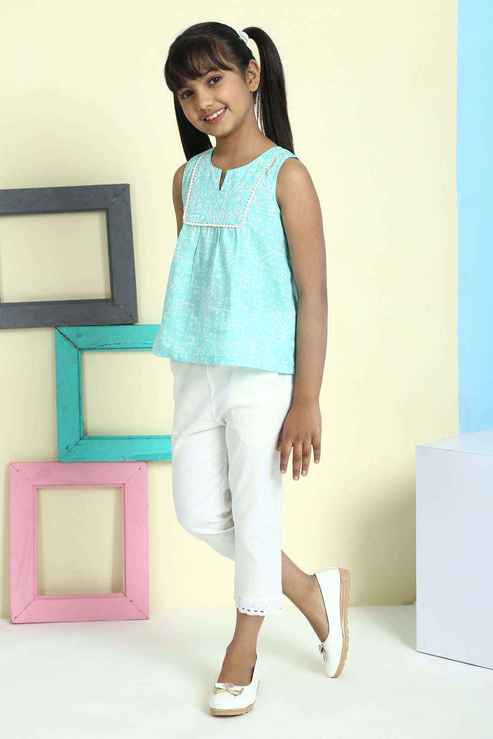 Sea Blue Cotton Straight Printed Top image number 3