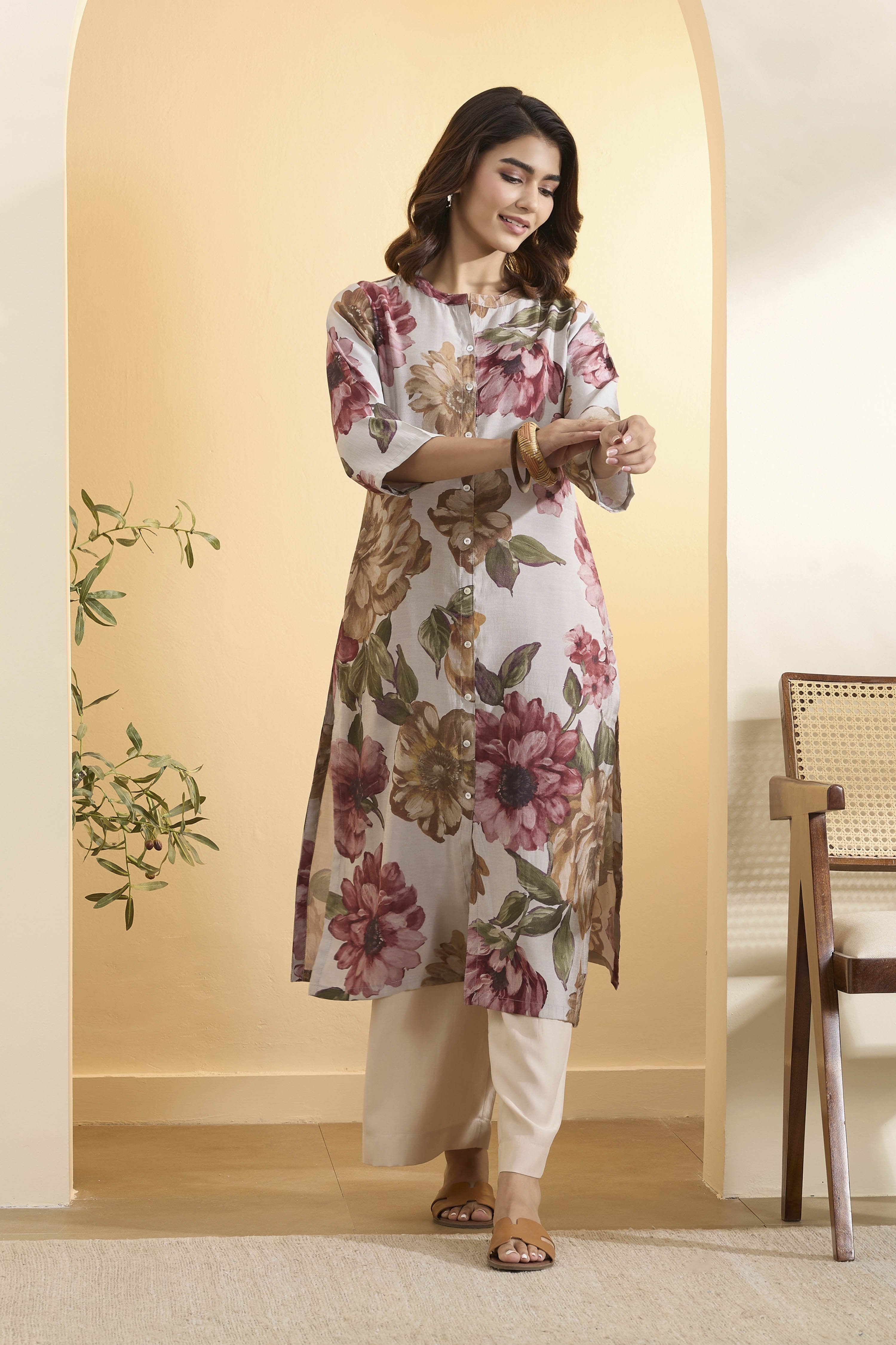 Grey Poly Viscose A Line Kurta image number 0