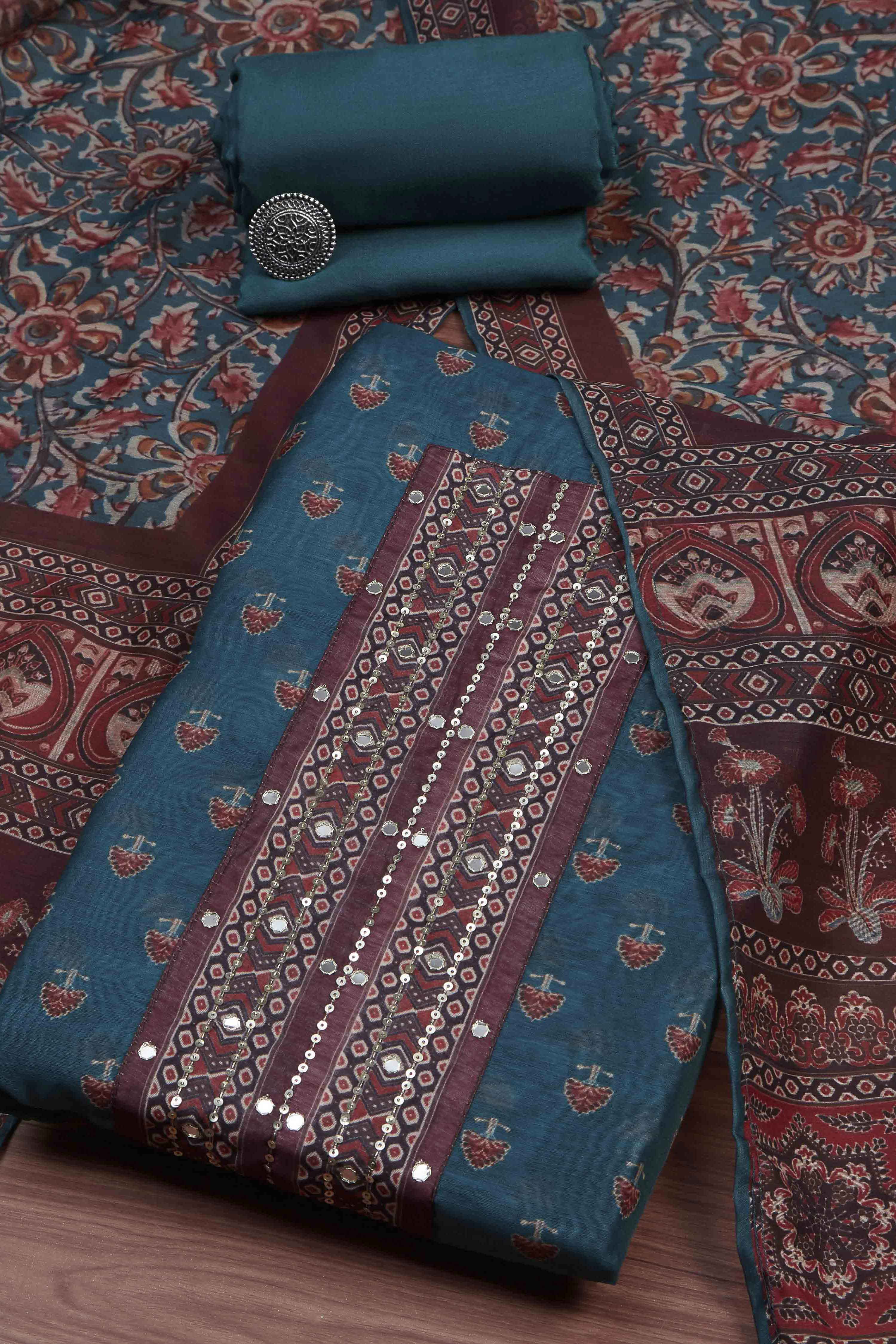 Olive Green Chanderi Rajasthani Print Unstitched Suit Set image number 0