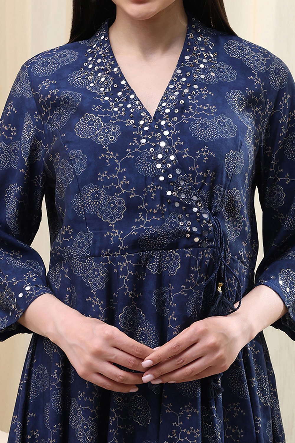 Navy Blue Printed Angrakha Style Anarkali Suit Set image number 1