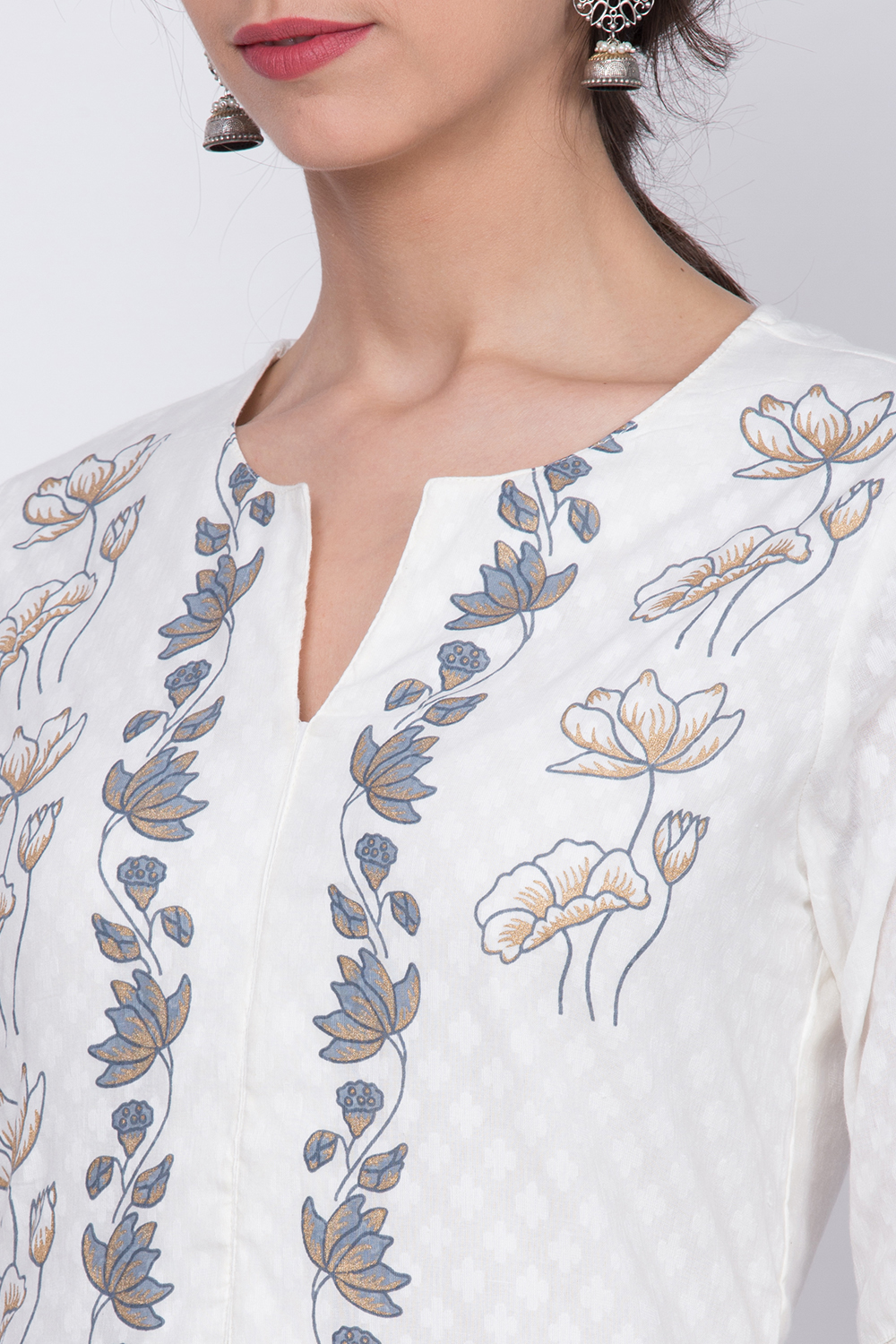 Off White Cotton Straight Kurta Palazzo Suit Set image number 1
