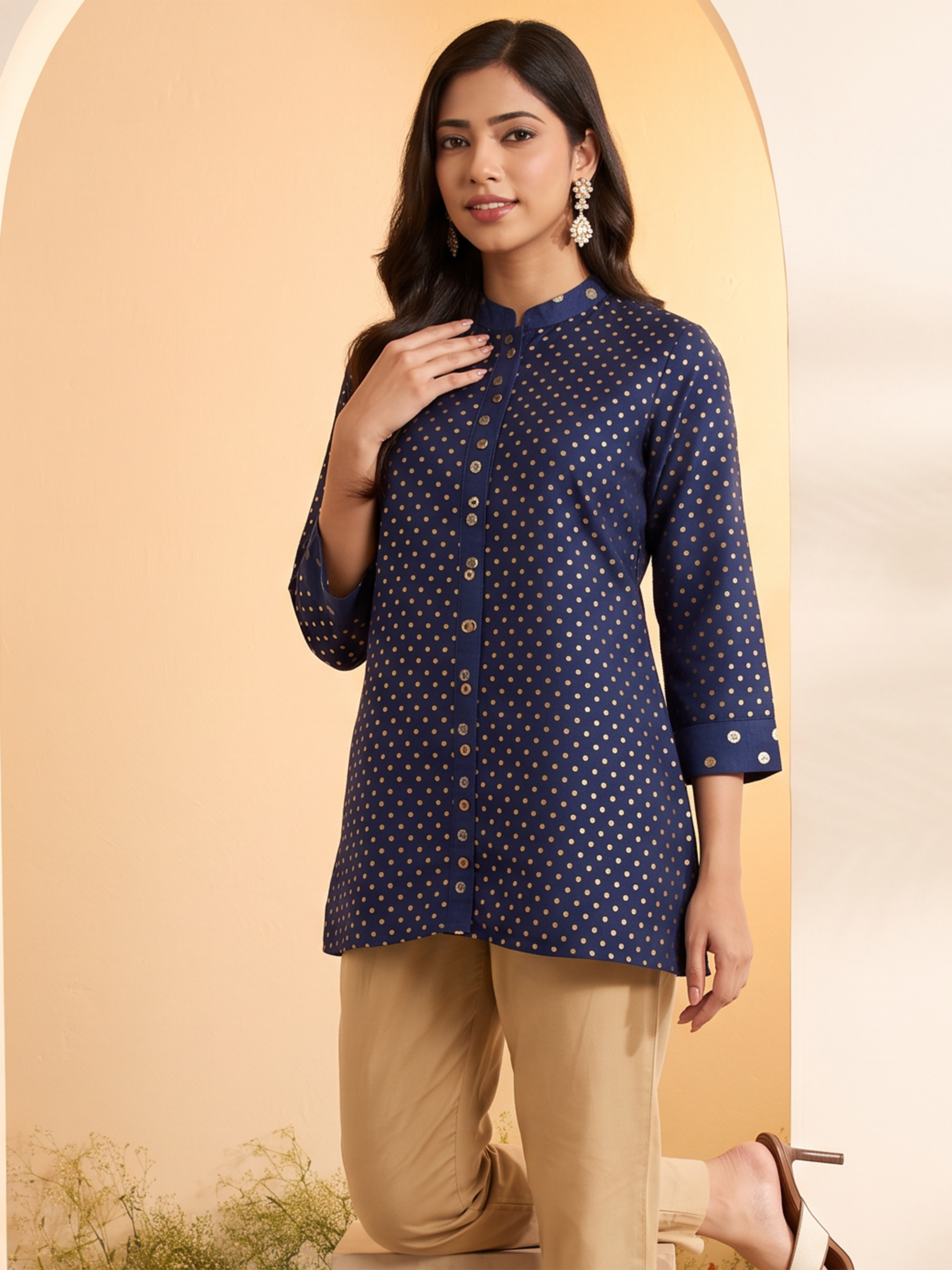 Blue Polka Dot A-Line Shirt-Style Kurti image number 1