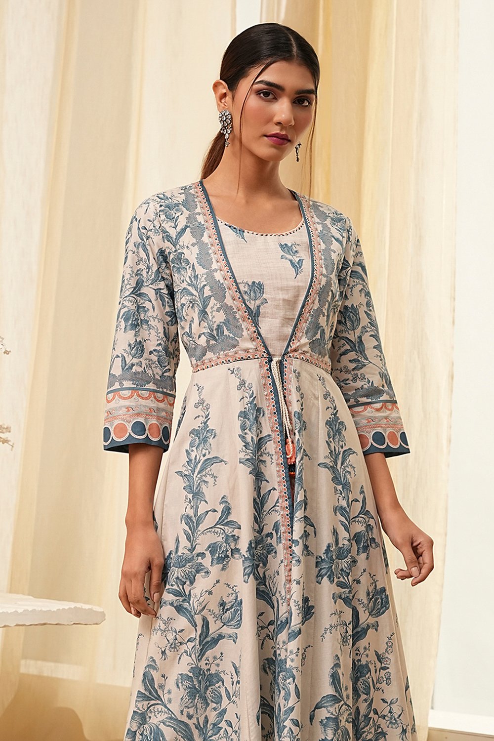 Beige and Blue Printed Front Open Kurta Set image number 1