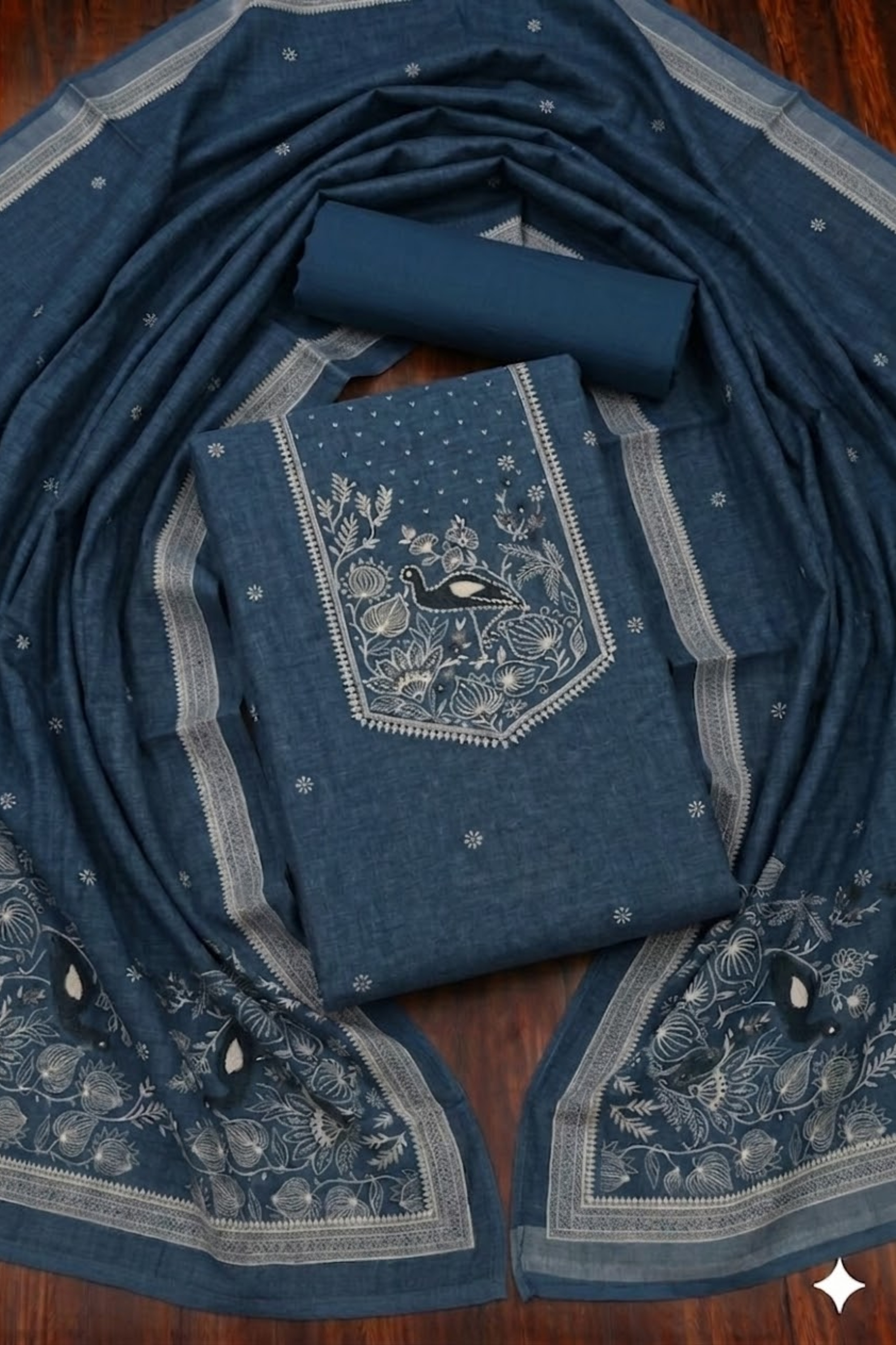 Blue Linen Jamdani Unstitched Suit Set image number 0