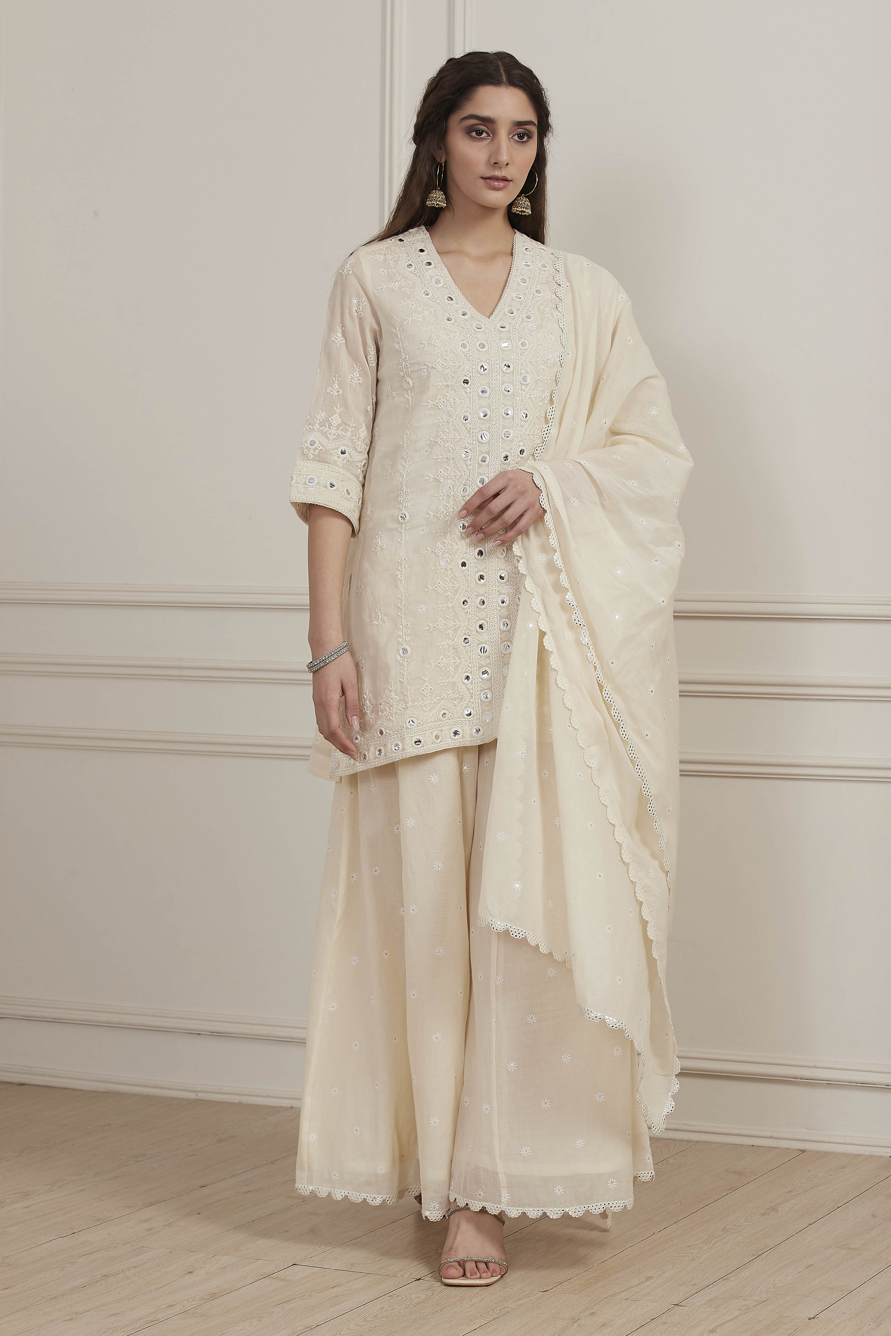 Ecru Cotton Embroidered Straight Sharara Suit Set image number 7