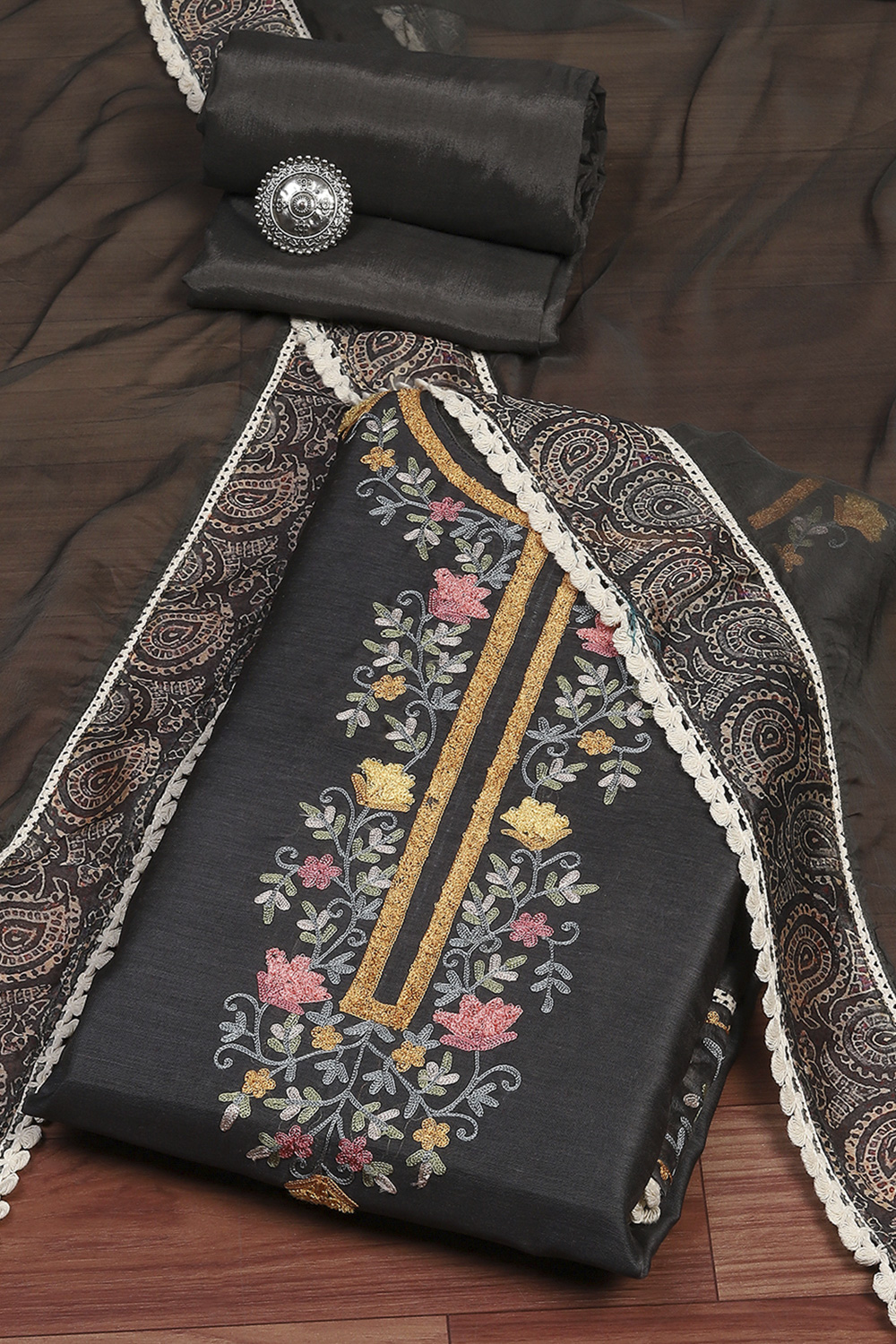Teal Chanderi Unstitched Suit Set image number 0