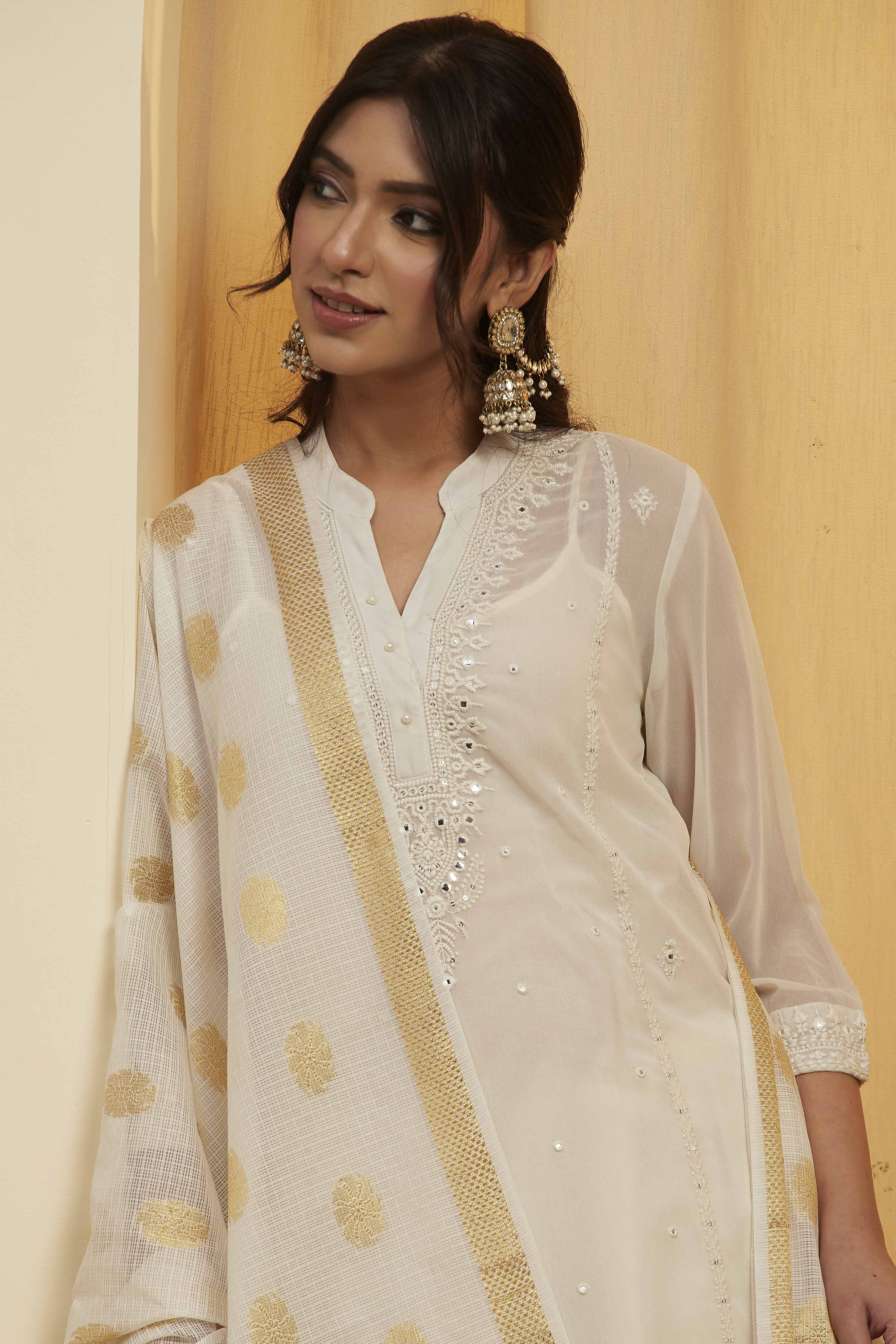 Off White & Gold Woven Design Tasseled Dupatta image number 1
