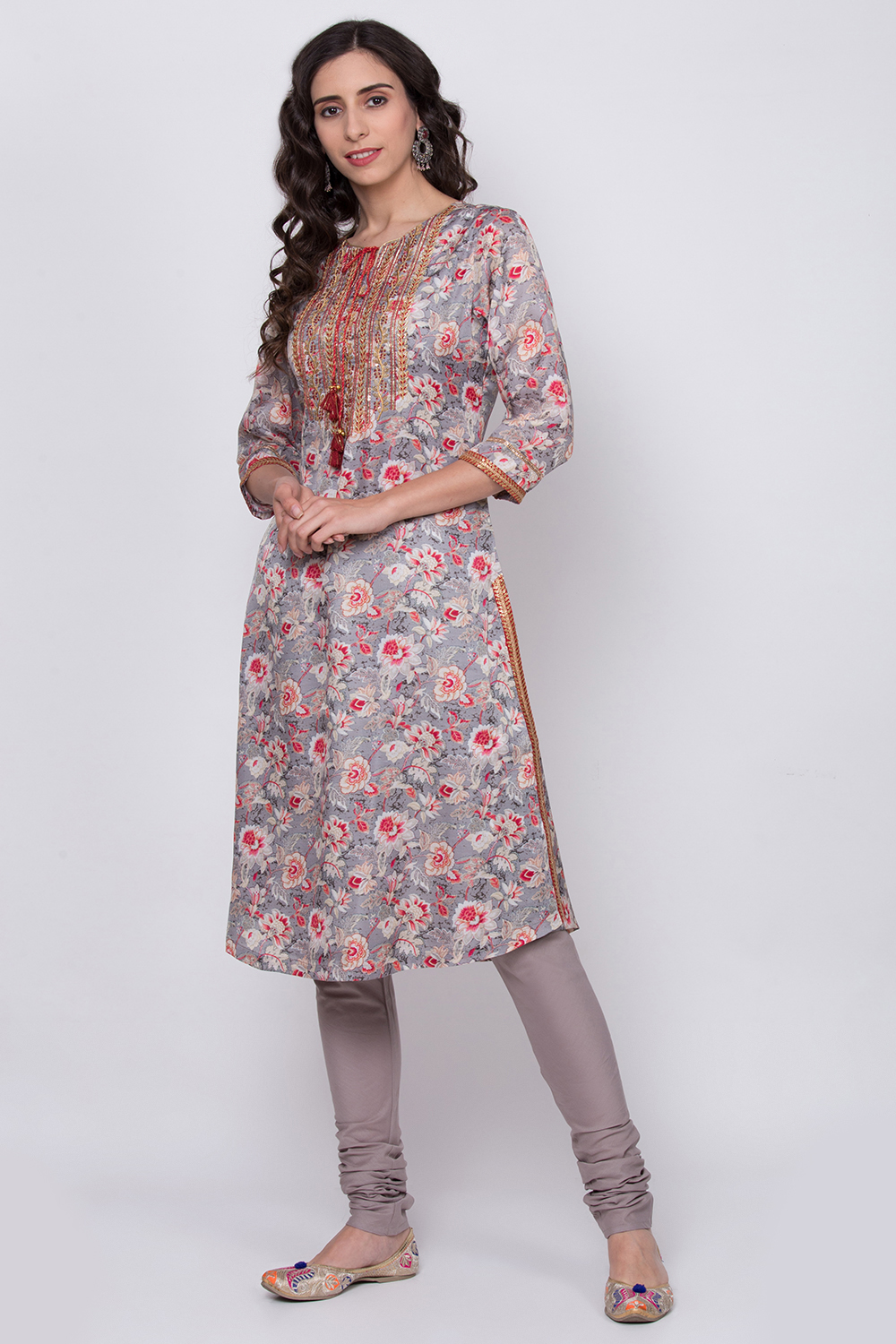 Grey Cotton Straight Kurta Churidar Suit Set image number 2
