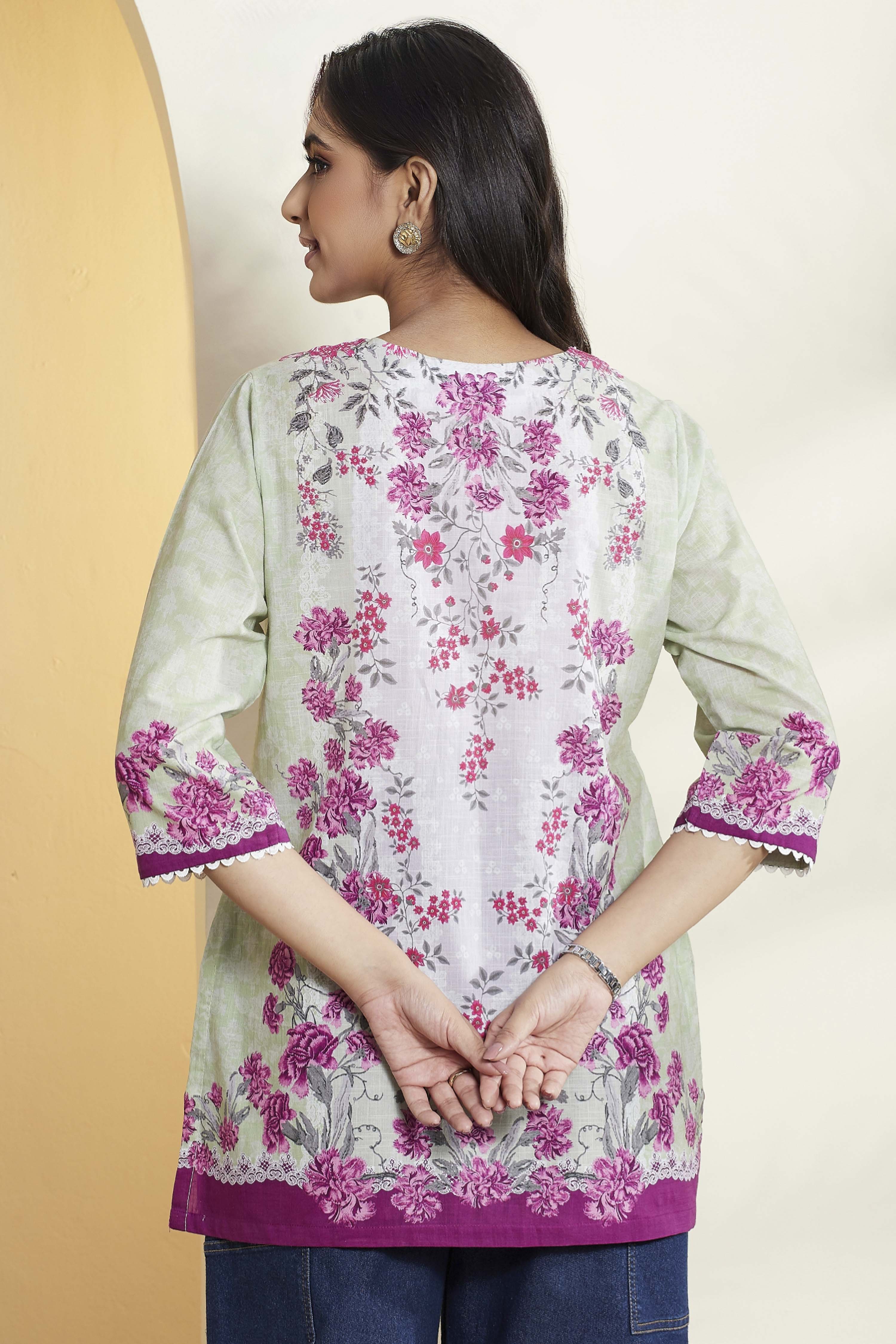 Sage Green Cotton Floral Printed Straight Kurti image number 5
