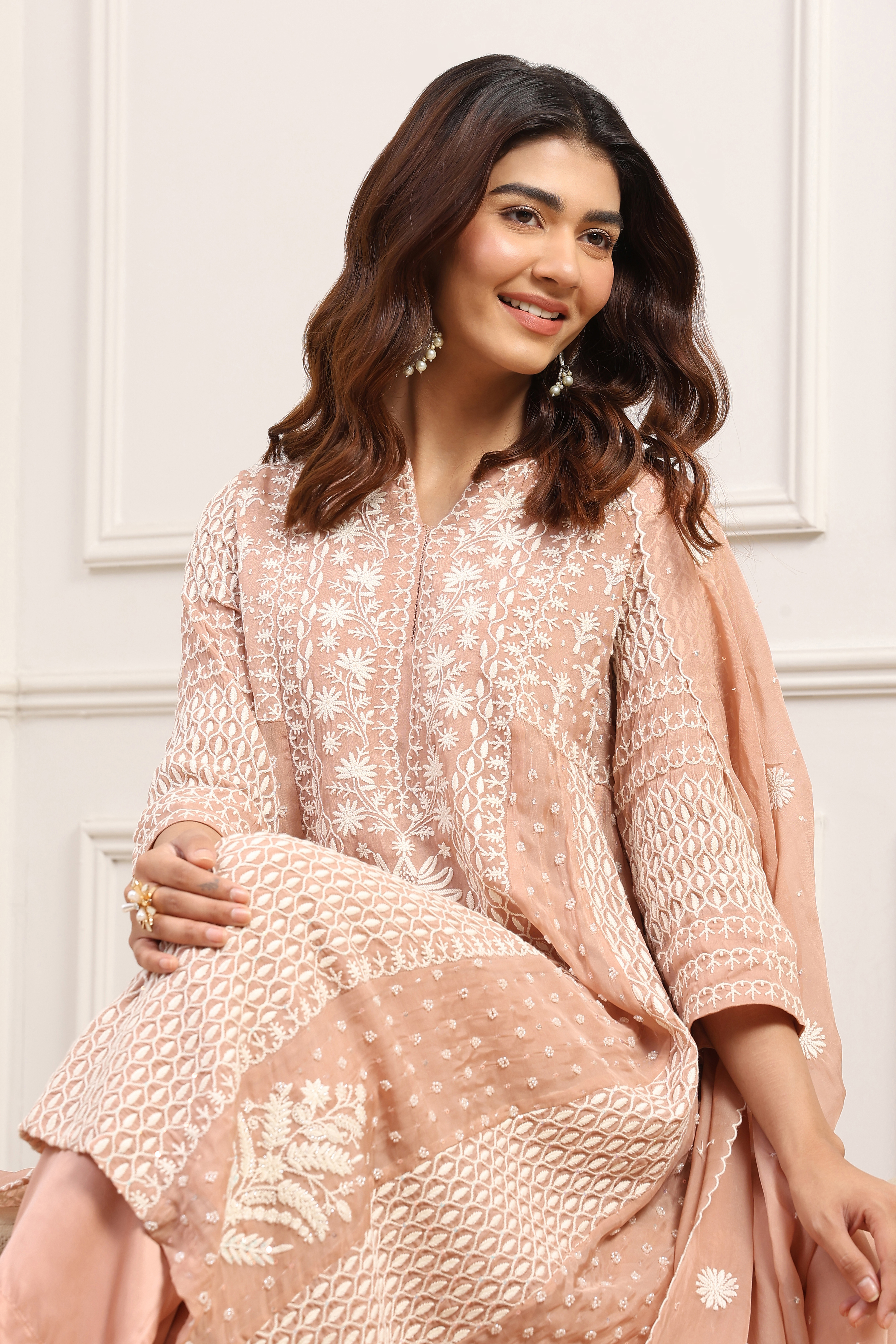 Beige Viscose Organza Embroidered Straight Suit Set image number 7