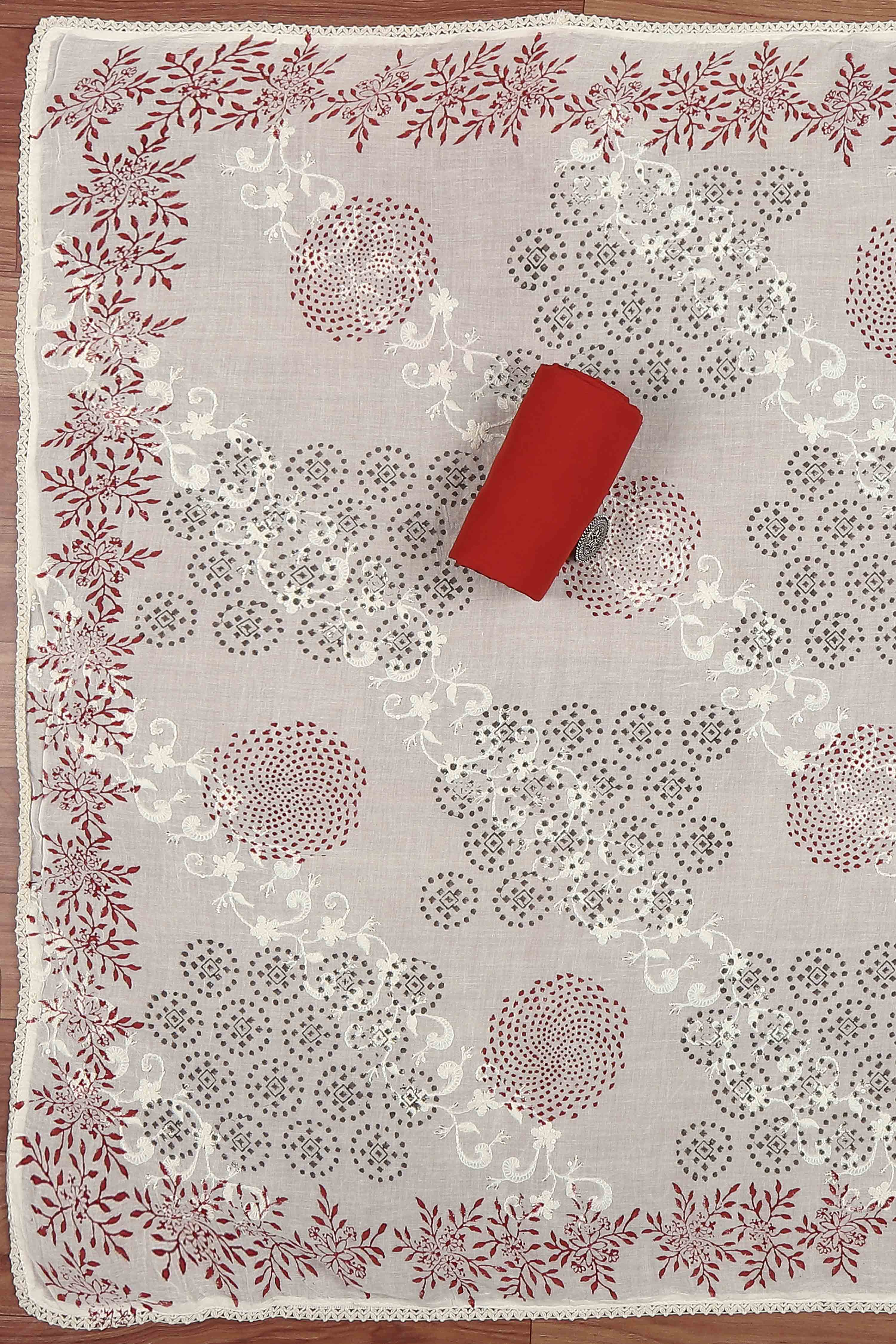 Red Cotton Printed Embroidered Unstitched Suit Set image number 3
