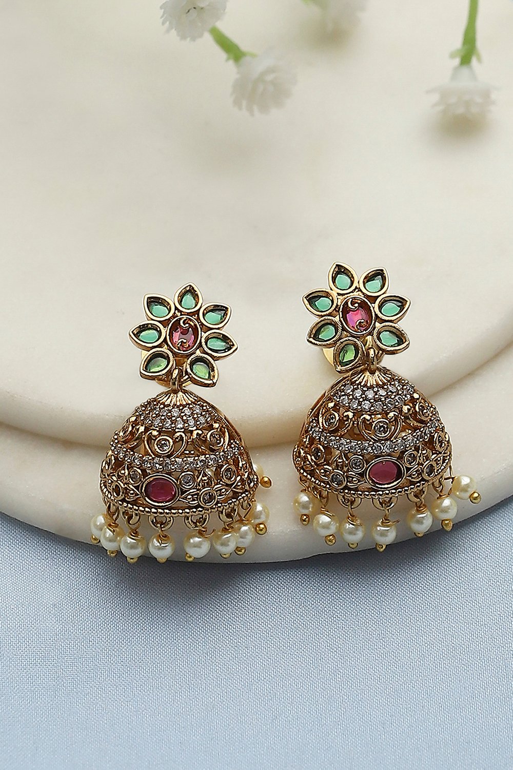 Gold Green Alloy Jhumka image number 0