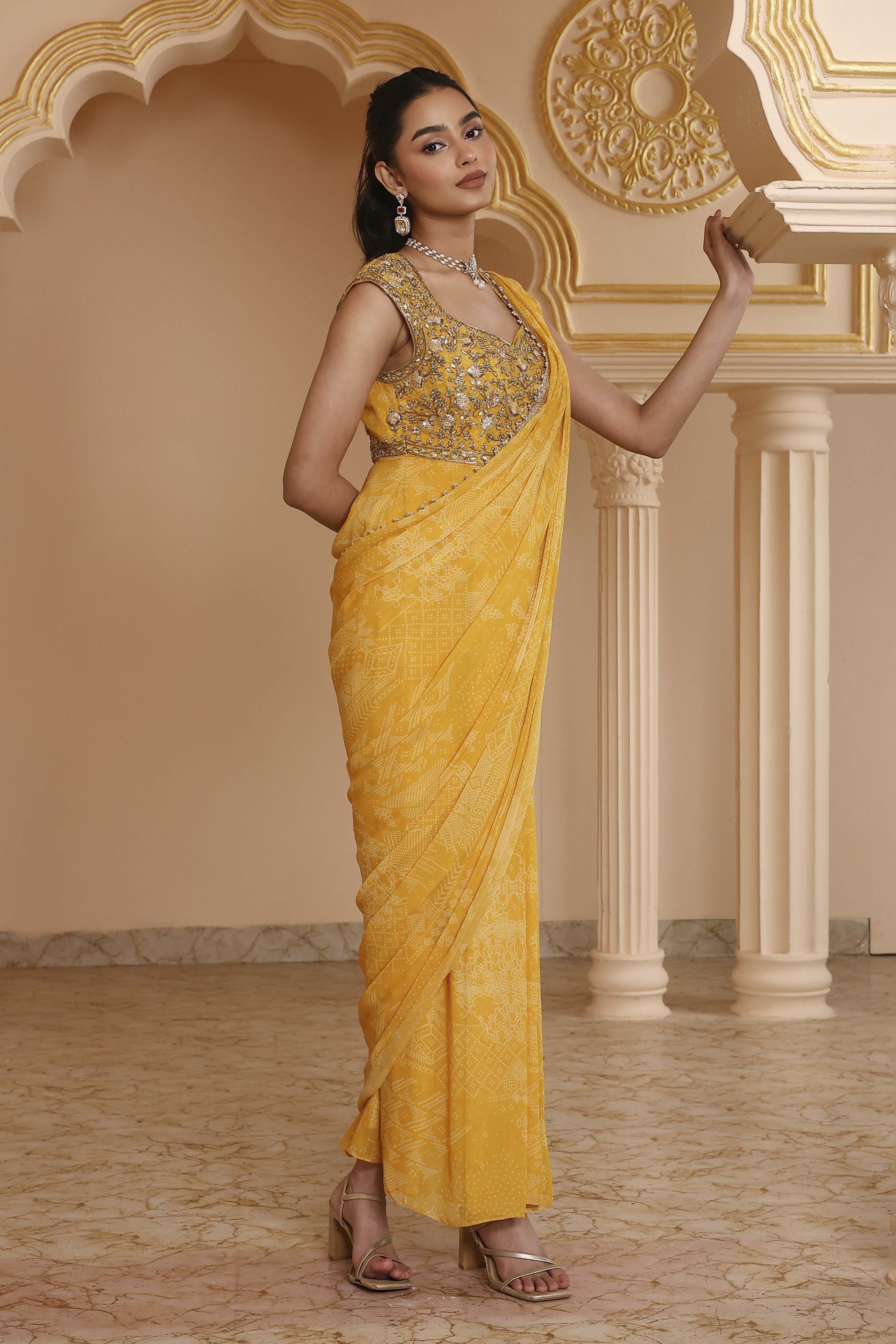 Yellow Art Silk Gathered Gown Saree image number 4