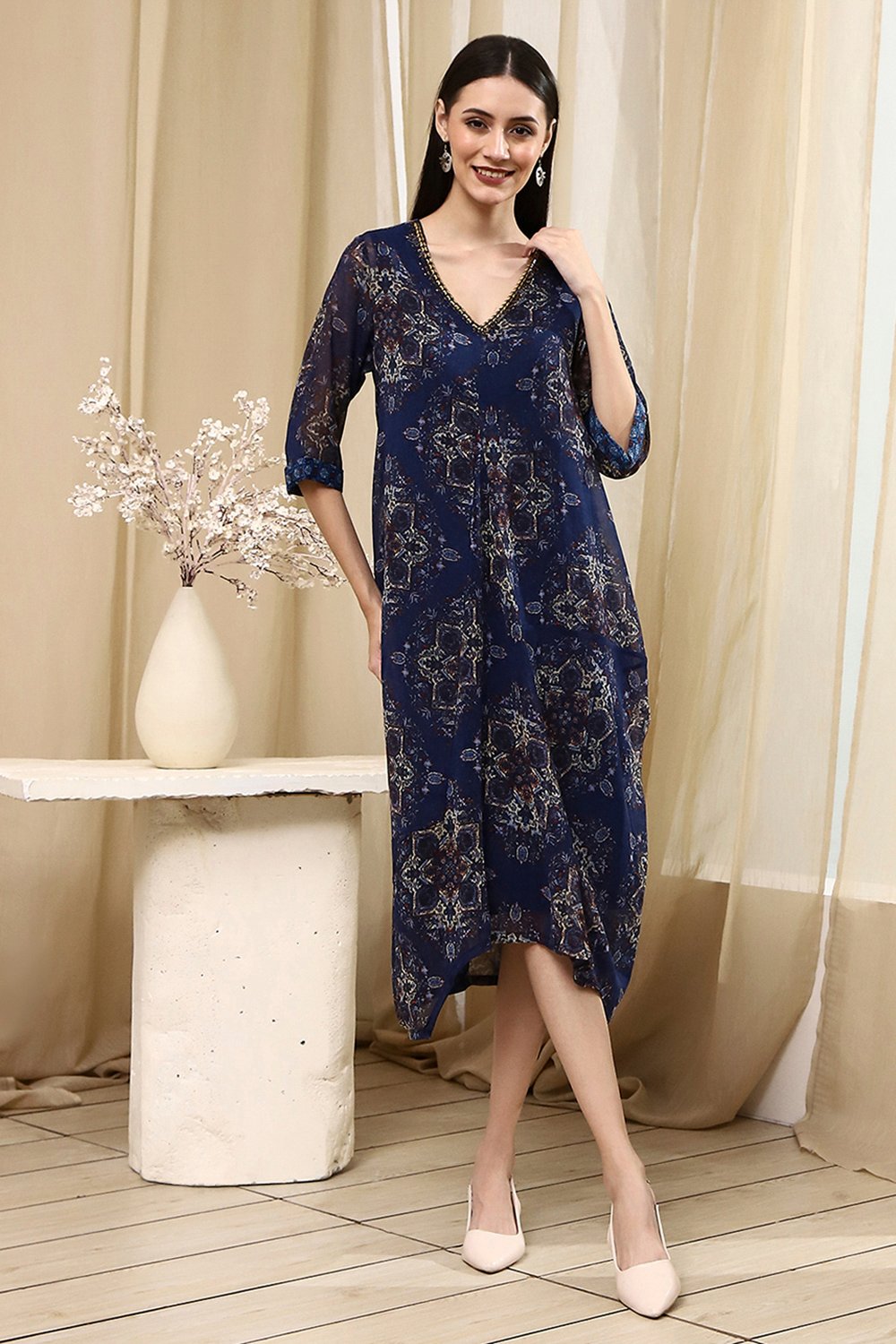 Blue Georgette Printed Asymmetric Dress image number 6